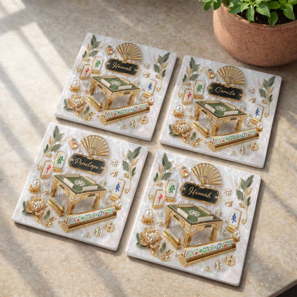 Personalized Mahjong Ceramic Coaster Custom Name Gift for Hobbyists Square Ceramic Coaster GradoCreations