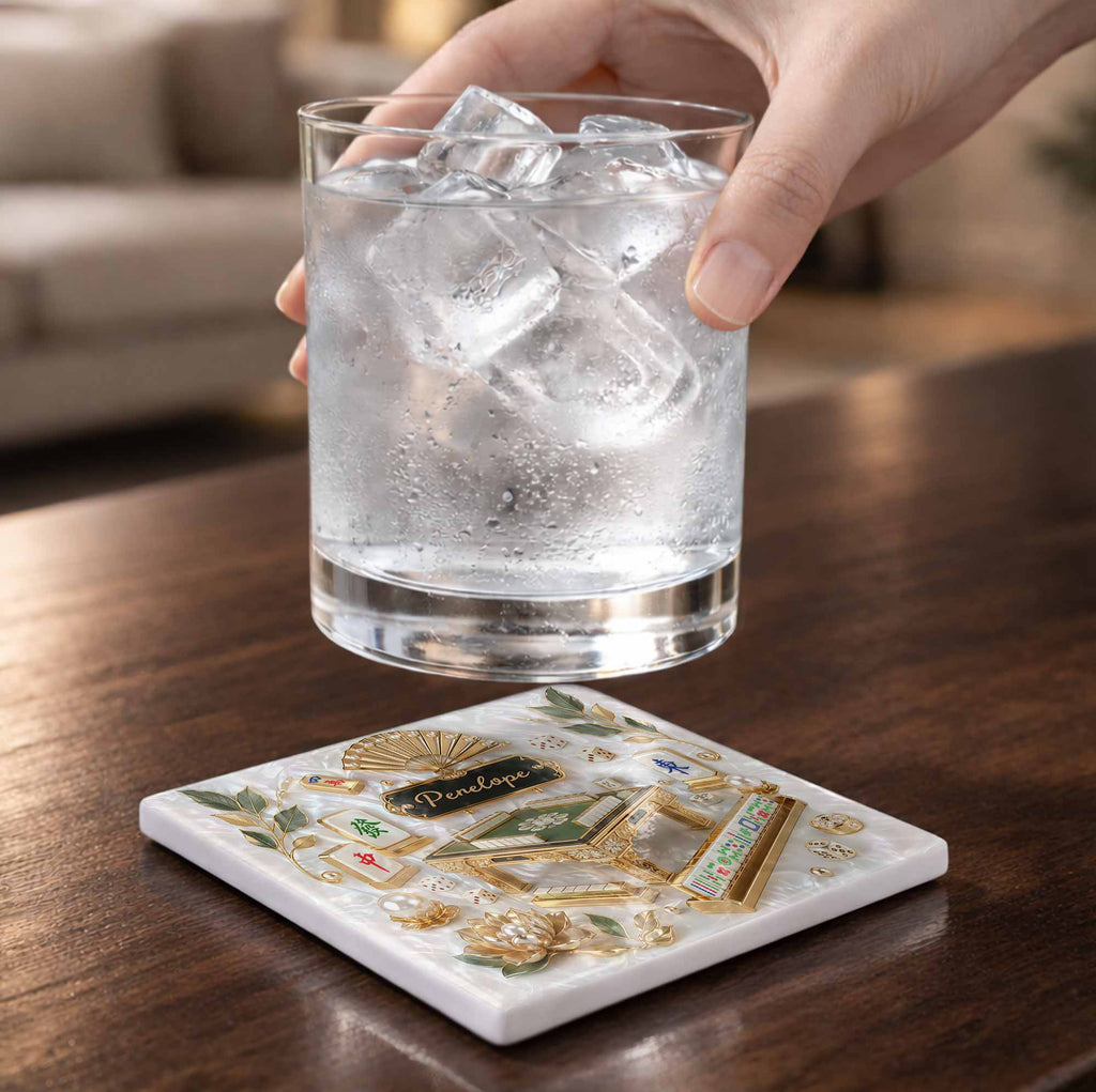 Personalized Mahjong Ceramic Coaster Custom Name Gift for Hobbyists Square Ceramic Coaster GradoCreations