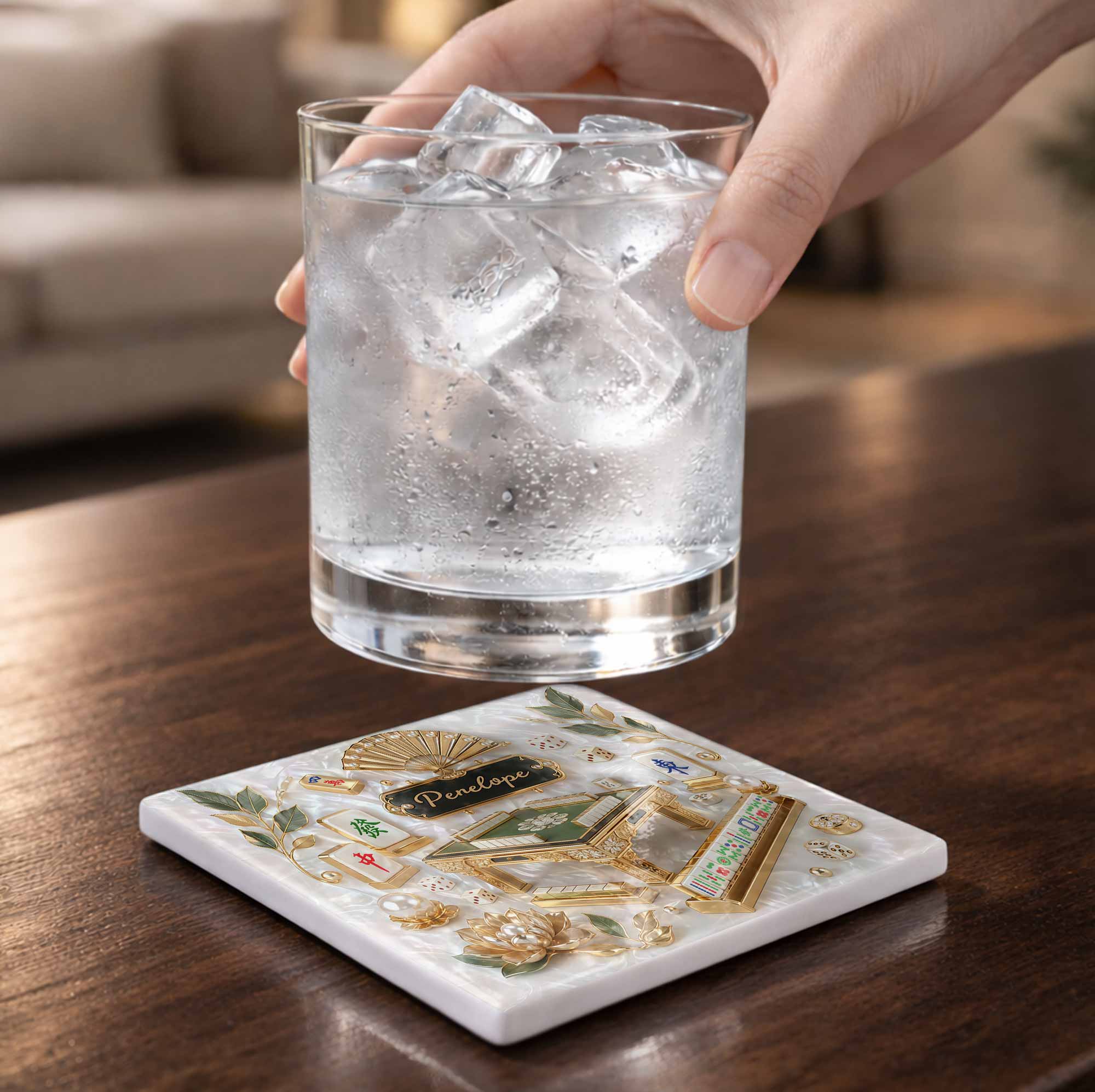 Personalized Mahjong Ceramic Coaster Custom Name Gift for Hobbyists Square Ceramic Coaster GradoCreations