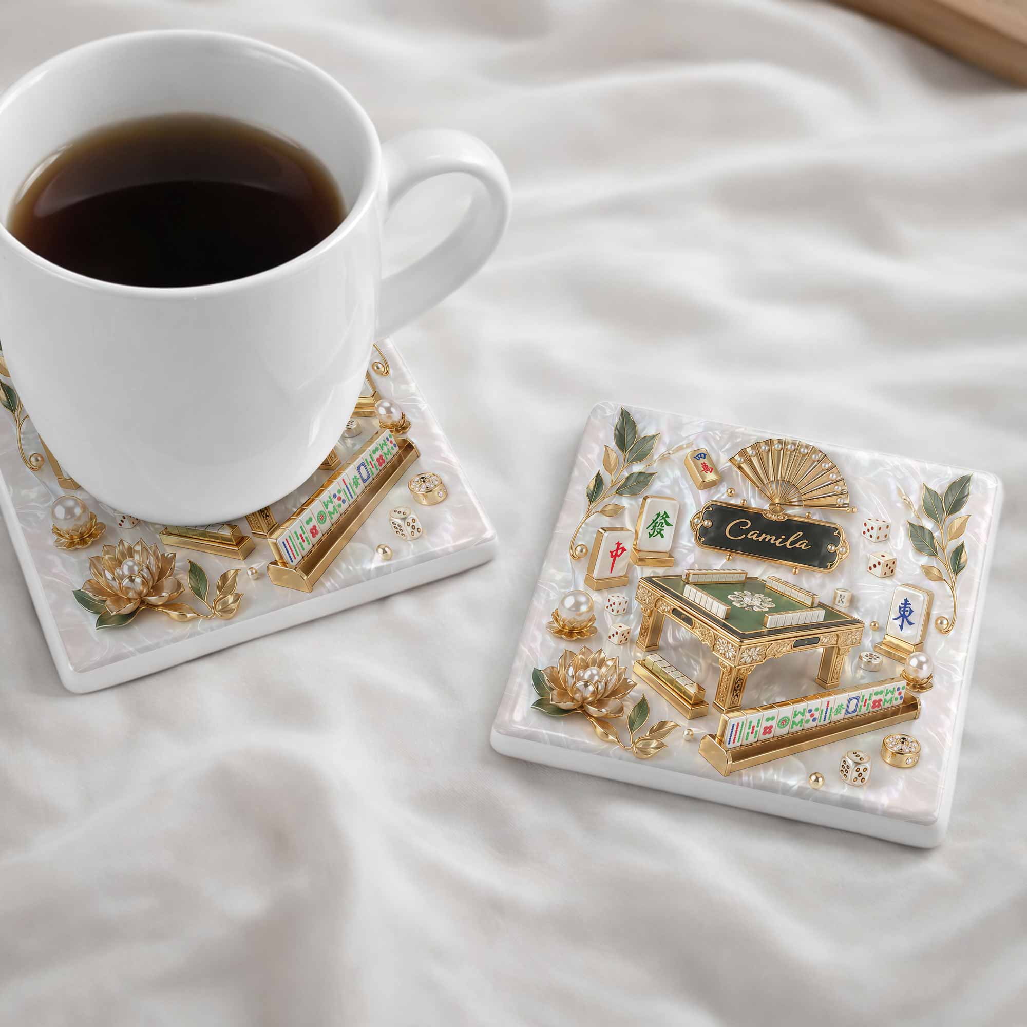 Personalized Mahjong Ceramic Coaster Custom Name Gift for Hobbyists Square Ceramic Coaster GradoCreations