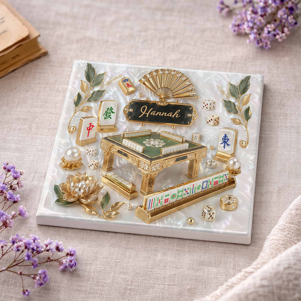 Personalized Mahjong Ceramic Coaster Custom Name Gift for Hobbyists Square Ceramic Coaster GradoCreations