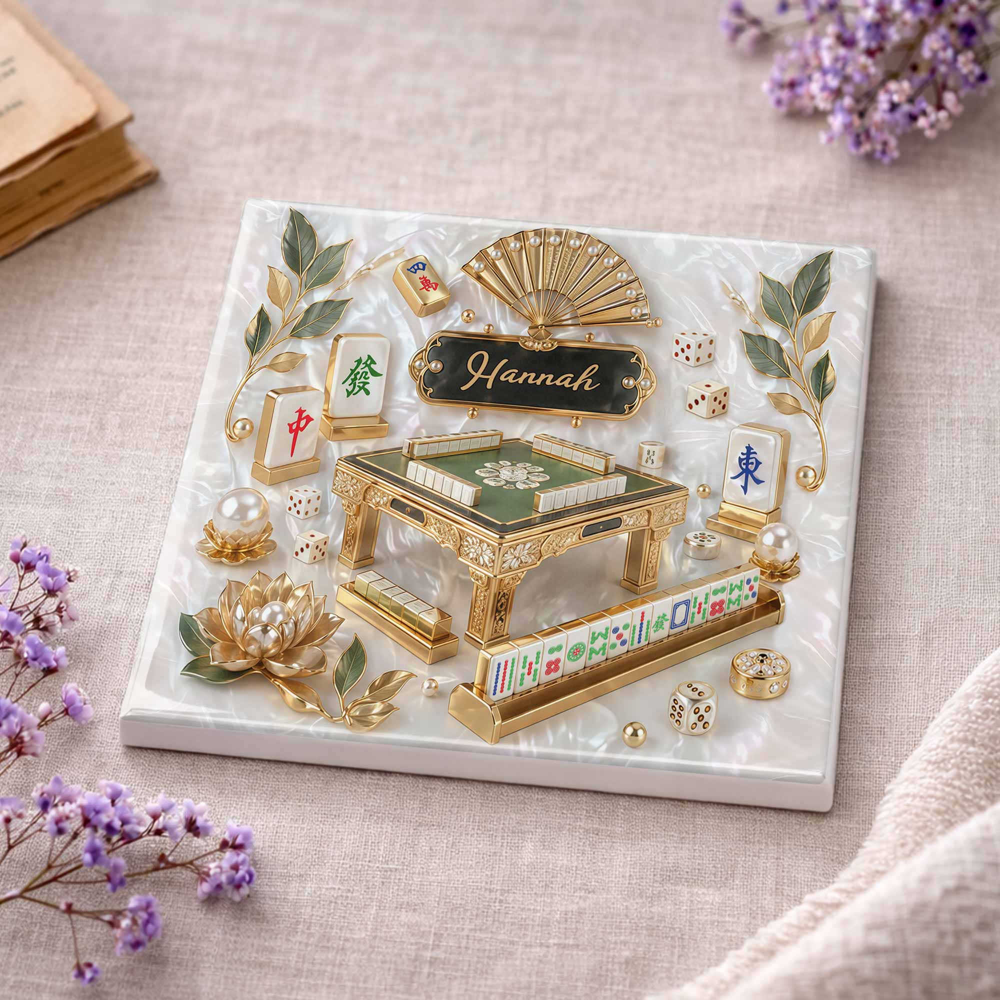 Personalized Mahjong Ceramic Coaster Custom Name Gift for Hobbyists Square Ceramic Coaster GradoCreations