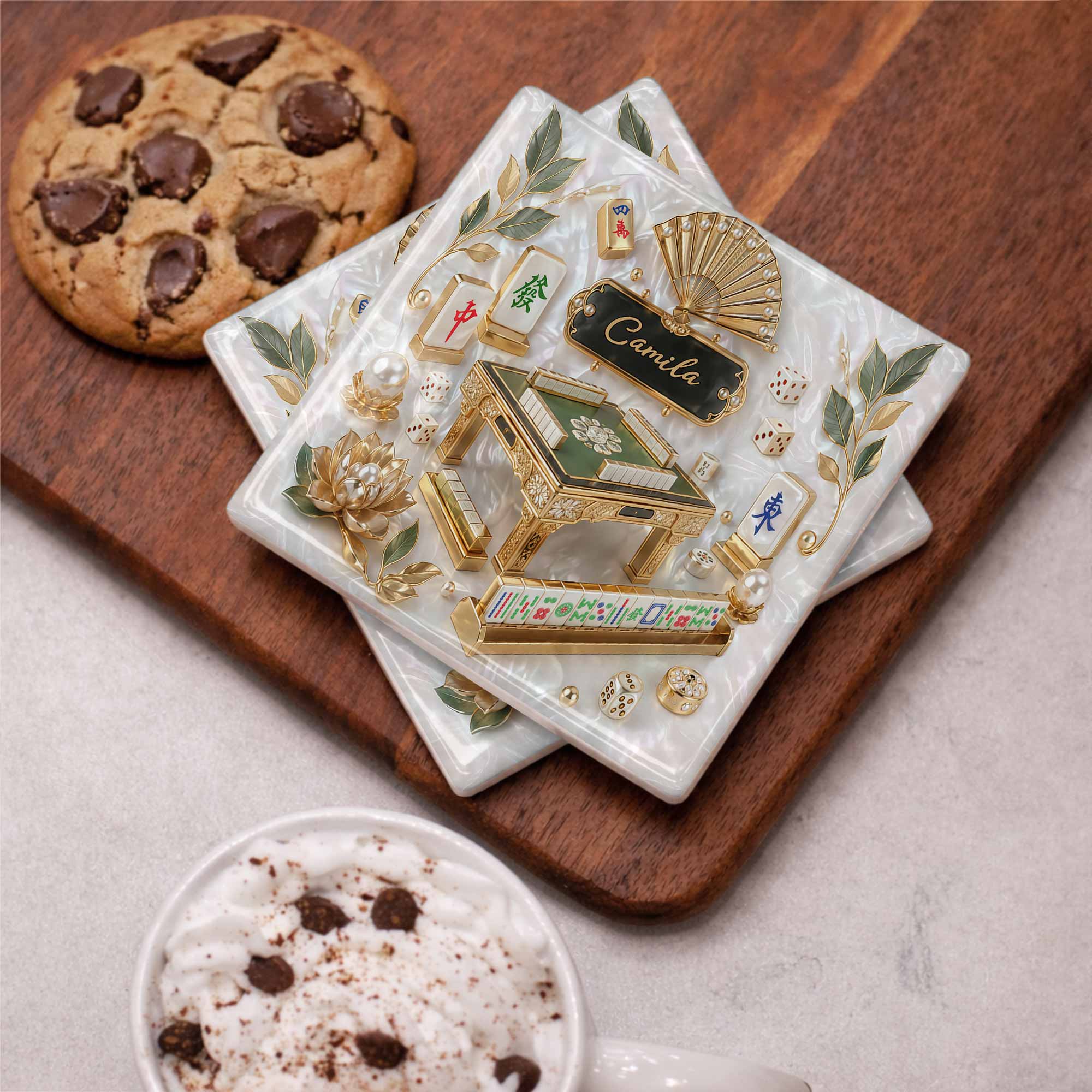 Personalized Mahjong Ceramic Coaster Custom Name Gift for Hobbyists Square Ceramic Coaster GradoCreations