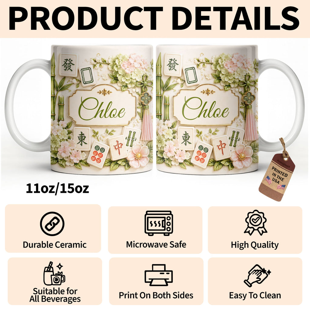 Personalized Mahjong Tiles Coffee Mug Custom Name Floral Gift Edge-to-edge Mug GradoCreations
