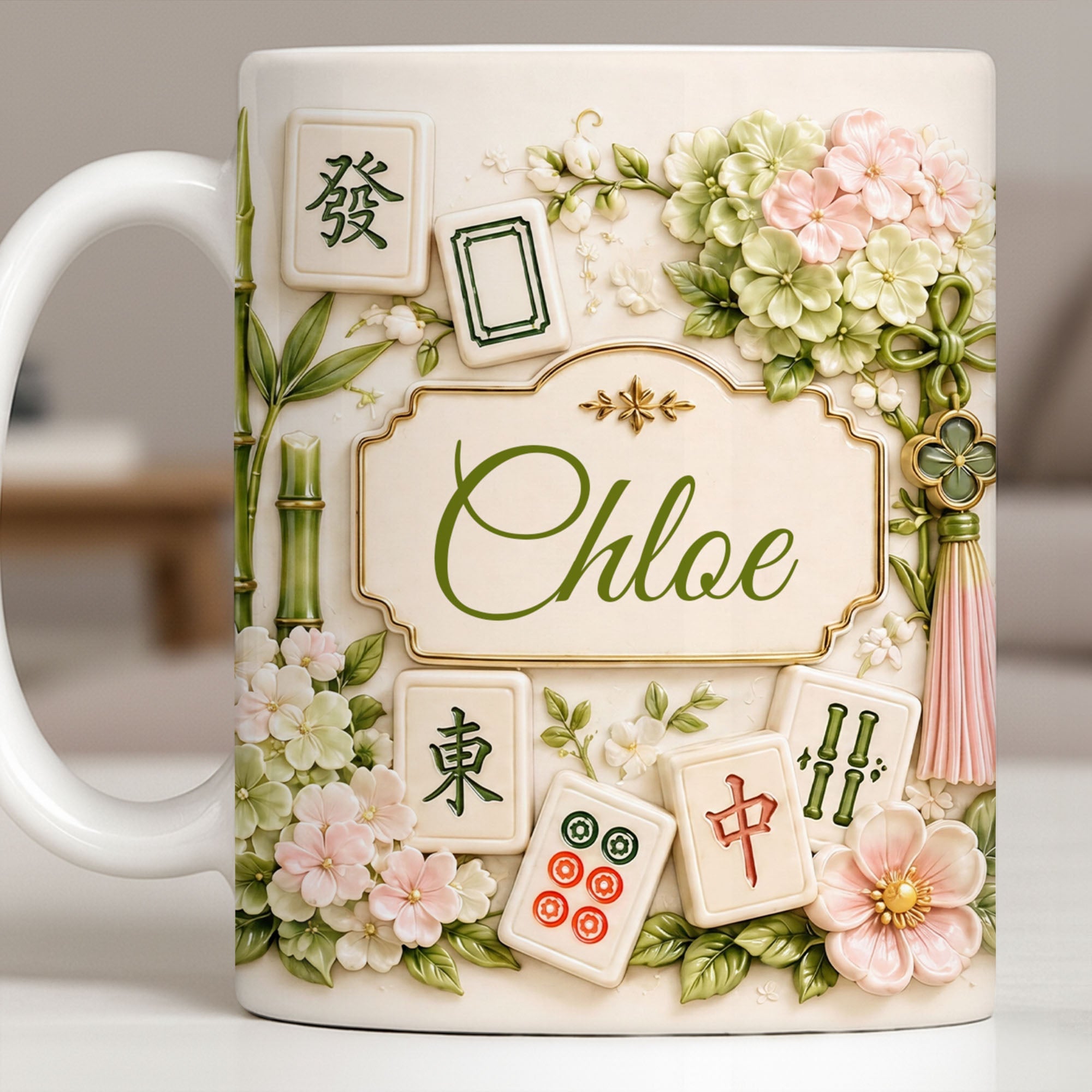 Personalized Mahjong Tiles Coffee Mug Custom Name Floral Gift Edge-to-edge Mug GradoCreations