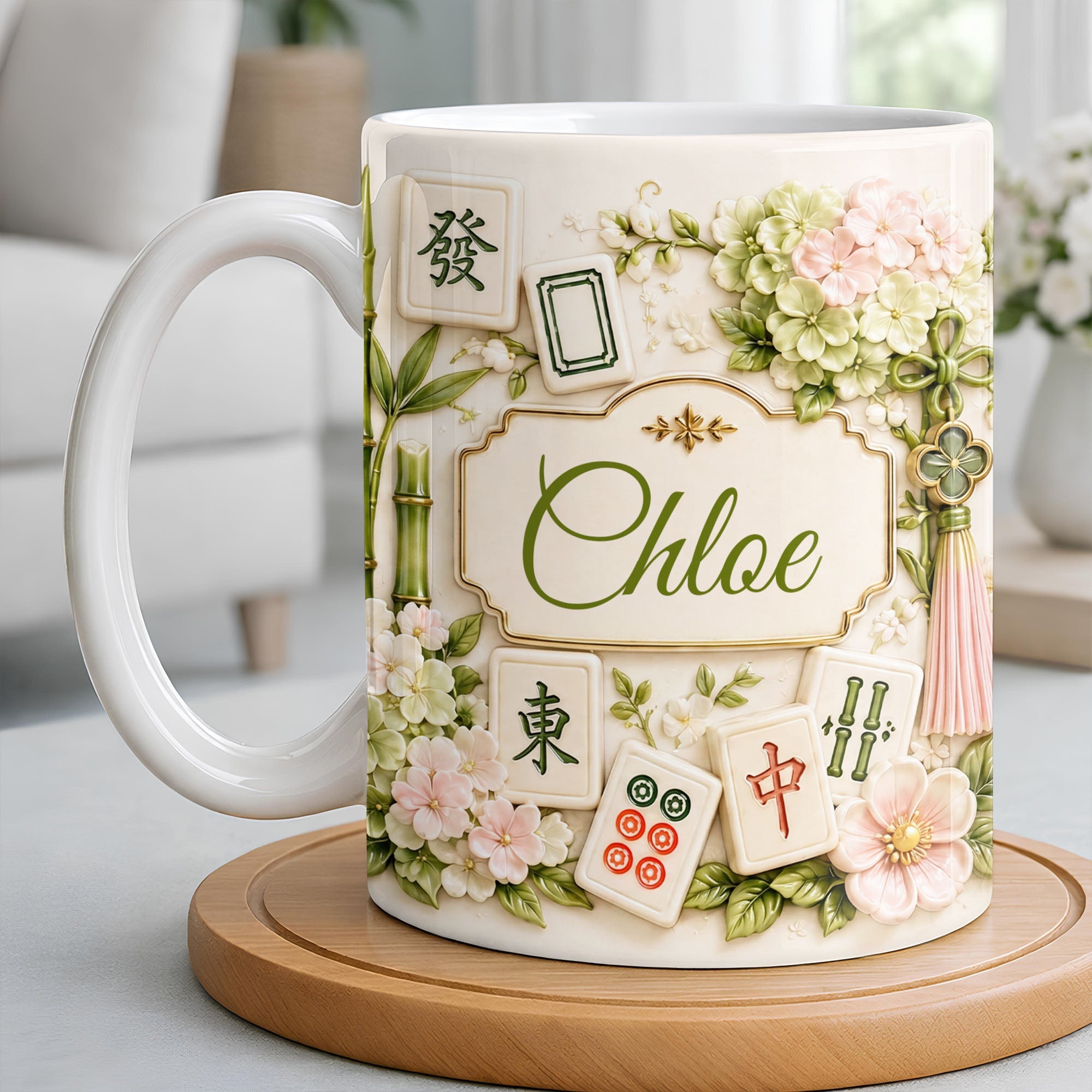 Personalized Mahjong Tiles Coffee Mug Custom Name Floral Gift Edge-to-edge Mug GradoCreations