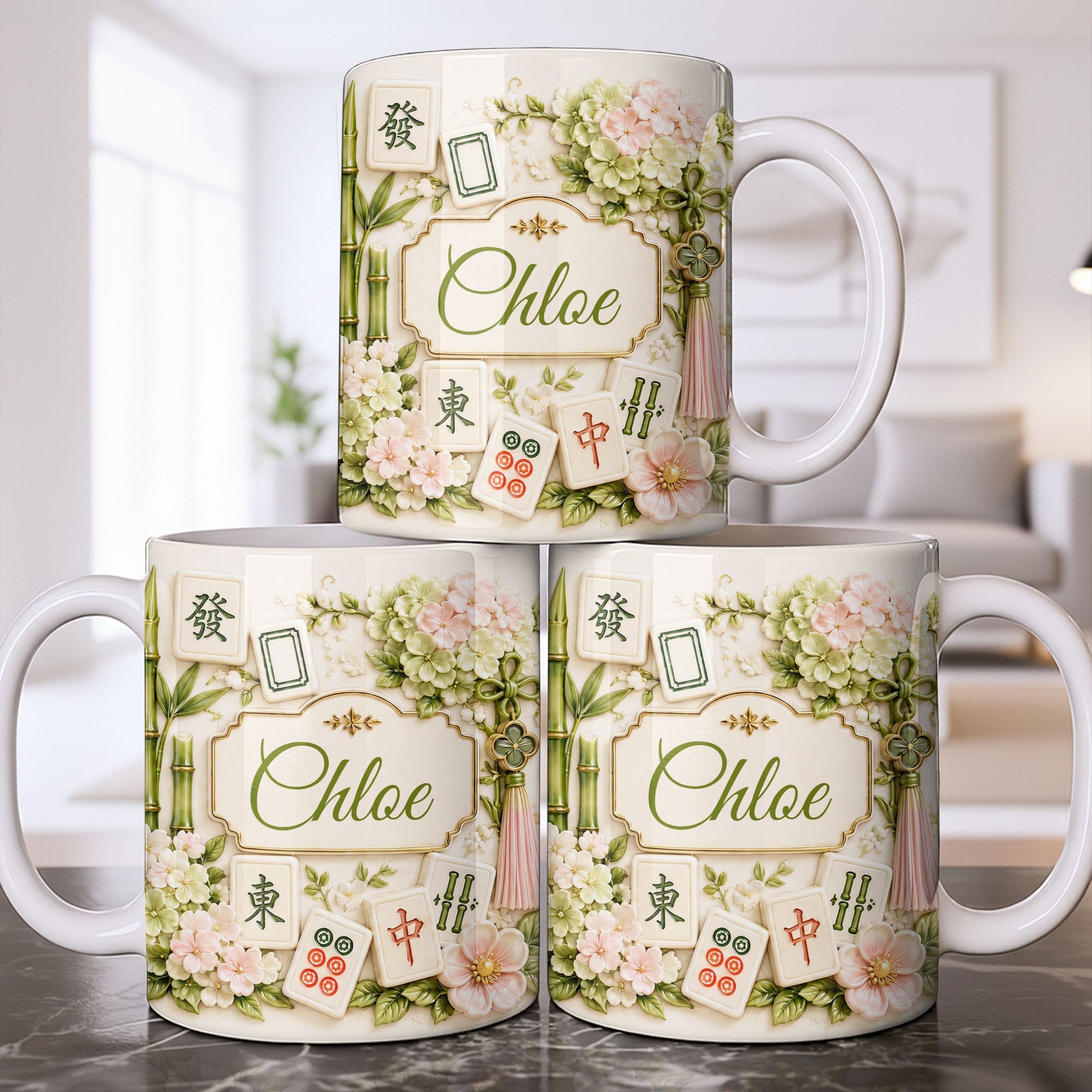 Personalized Mahjong Tiles Coffee Mug Custom Name Floral Gift Edge-to-edge Mug GradoCreations