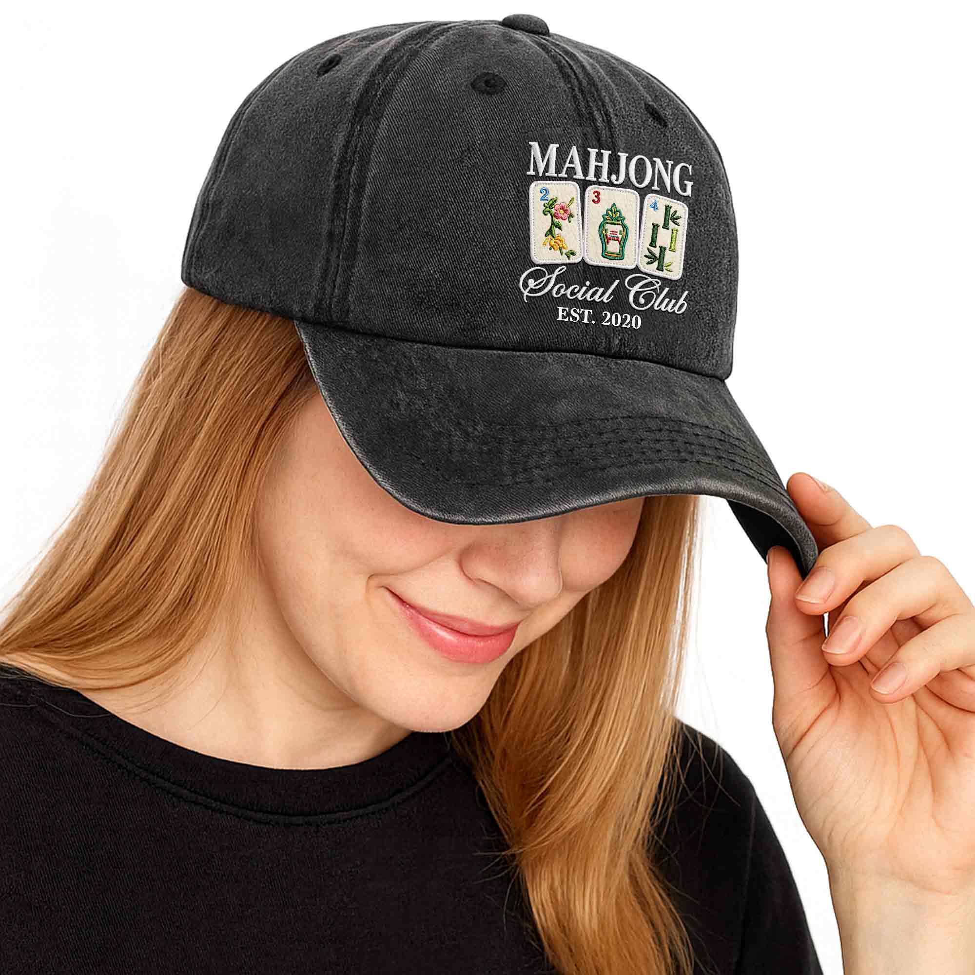 Personalized Washed Denim Cap Custom Mahjong Gift for Hobbyists Washed Denim Cap GradoCreations