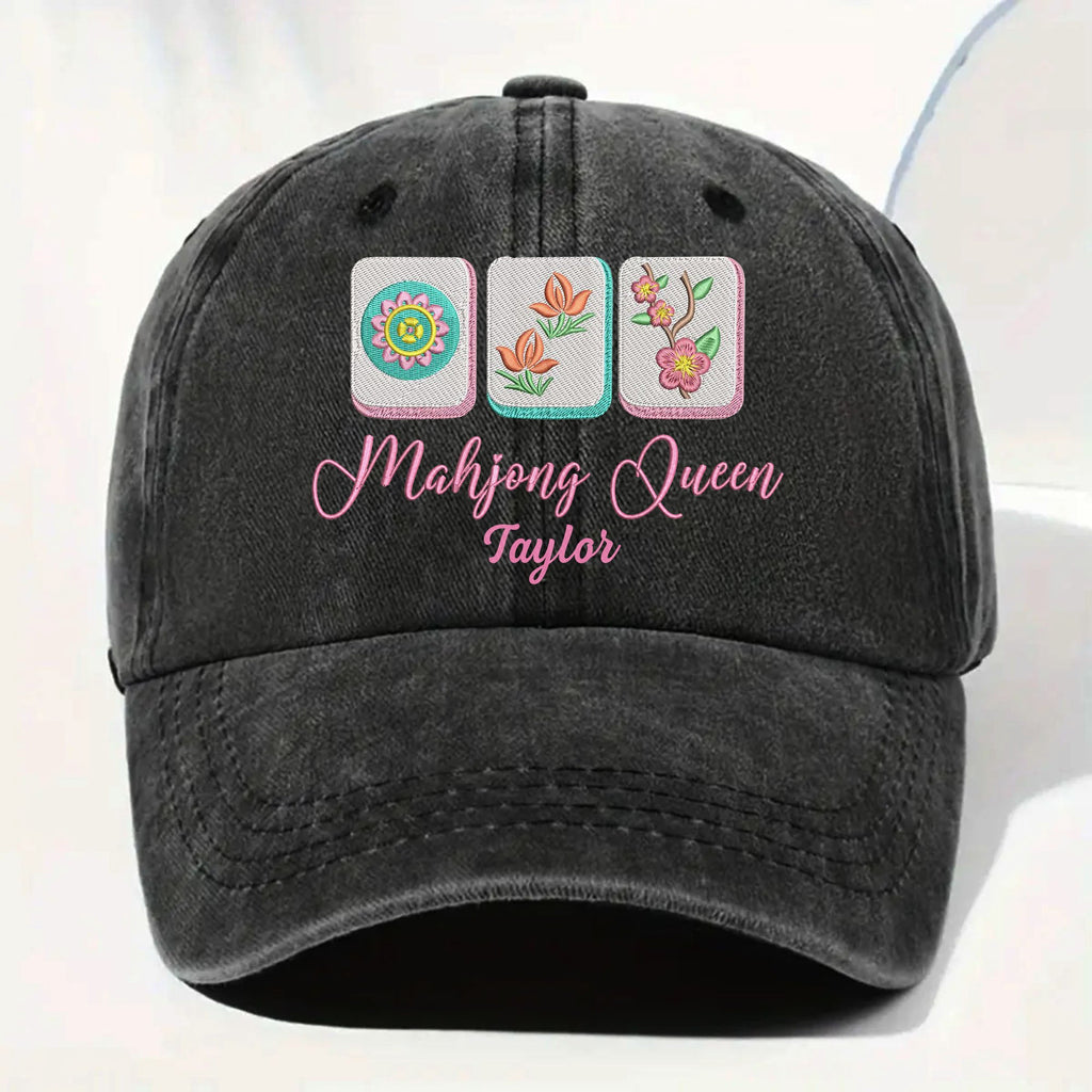 Personalized Floral Mahjong Queen Washed Denim Cap for Her Washed Denim Cap GradoCreations
