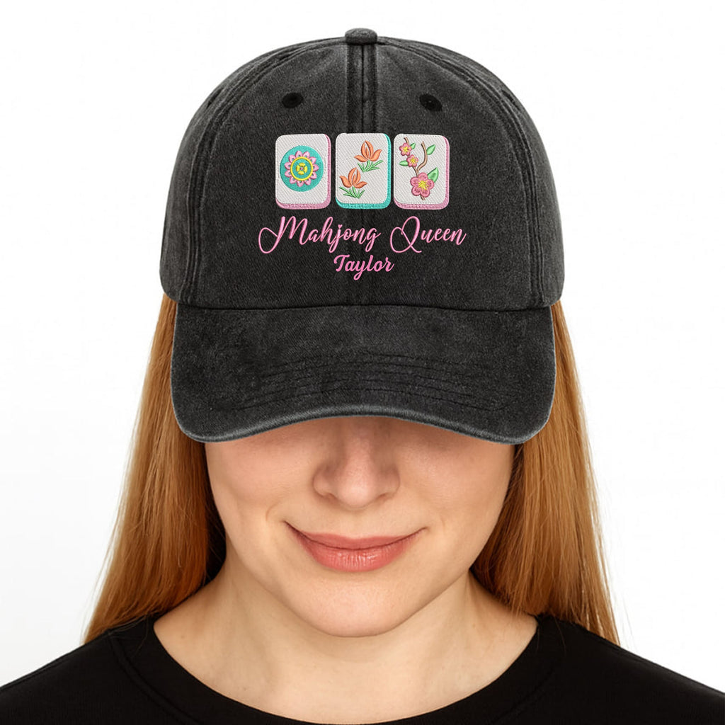 Personalized Floral Mahjong Queen Washed Denim Cap for Her Washed Denim Cap GradoCreations