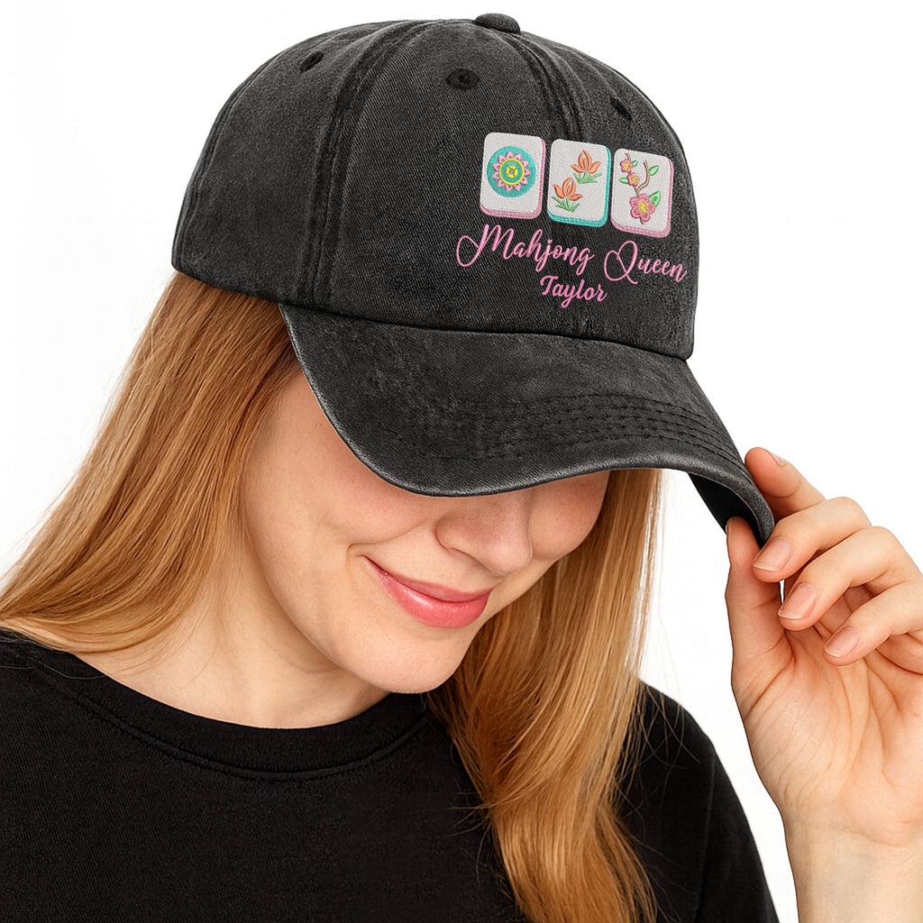 Personalized Floral Mahjong Queen Washed Denim Cap for Her Washed Denim Cap GradoCreations