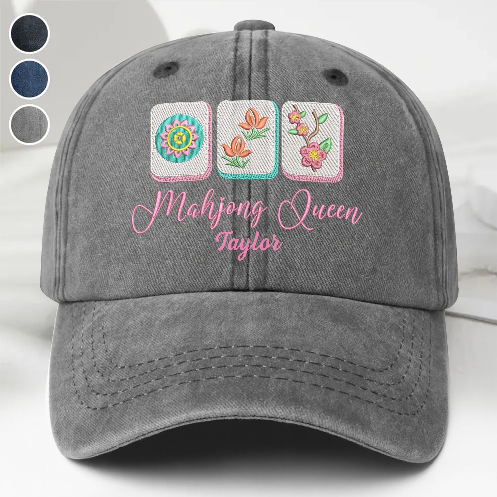Personalized Floral Mahjong Queen Washed Denim Cap for Her Washed Denim Cap GradoCreations