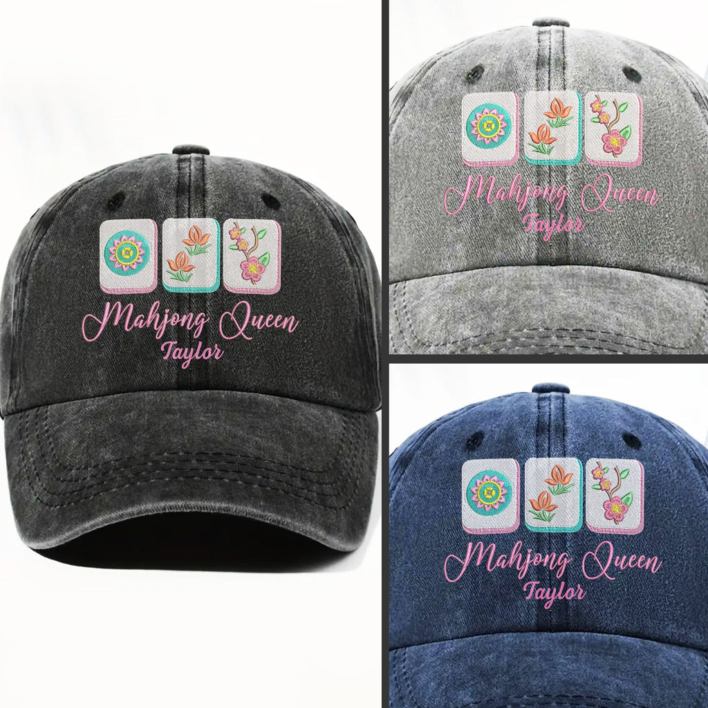 Personalized Floral Mahjong Queen Washed Denim Cap for Her Washed Denim Cap GradoCreations