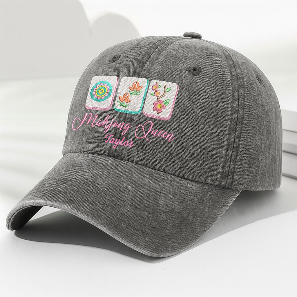 Personalized Floral Mahjong Queen Washed Denim Cap for Her Washed Denim Cap GradoCreations