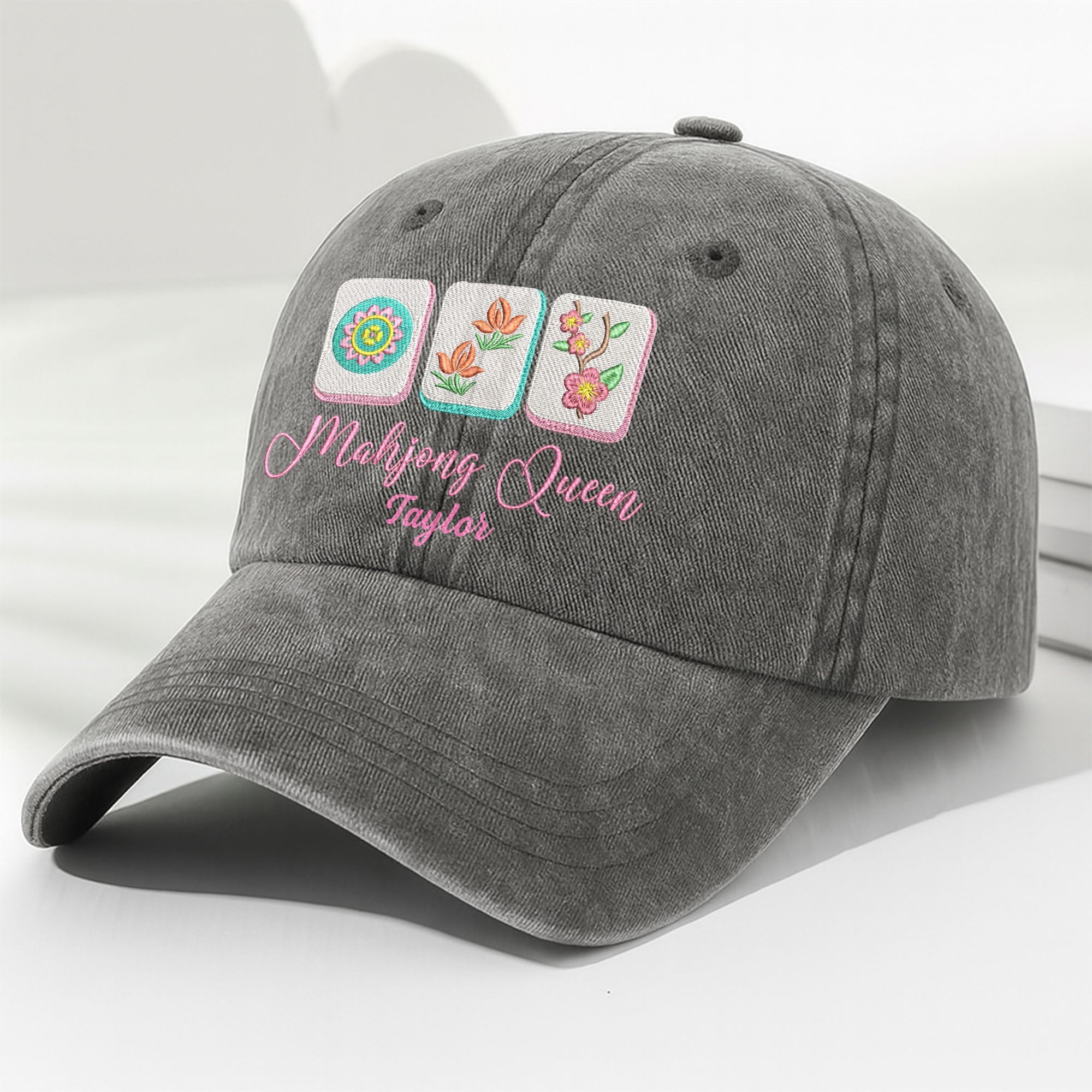 Personalized Floral Mahjong Queen Washed Denim Cap for Her Washed Denim Cap GradoCreations