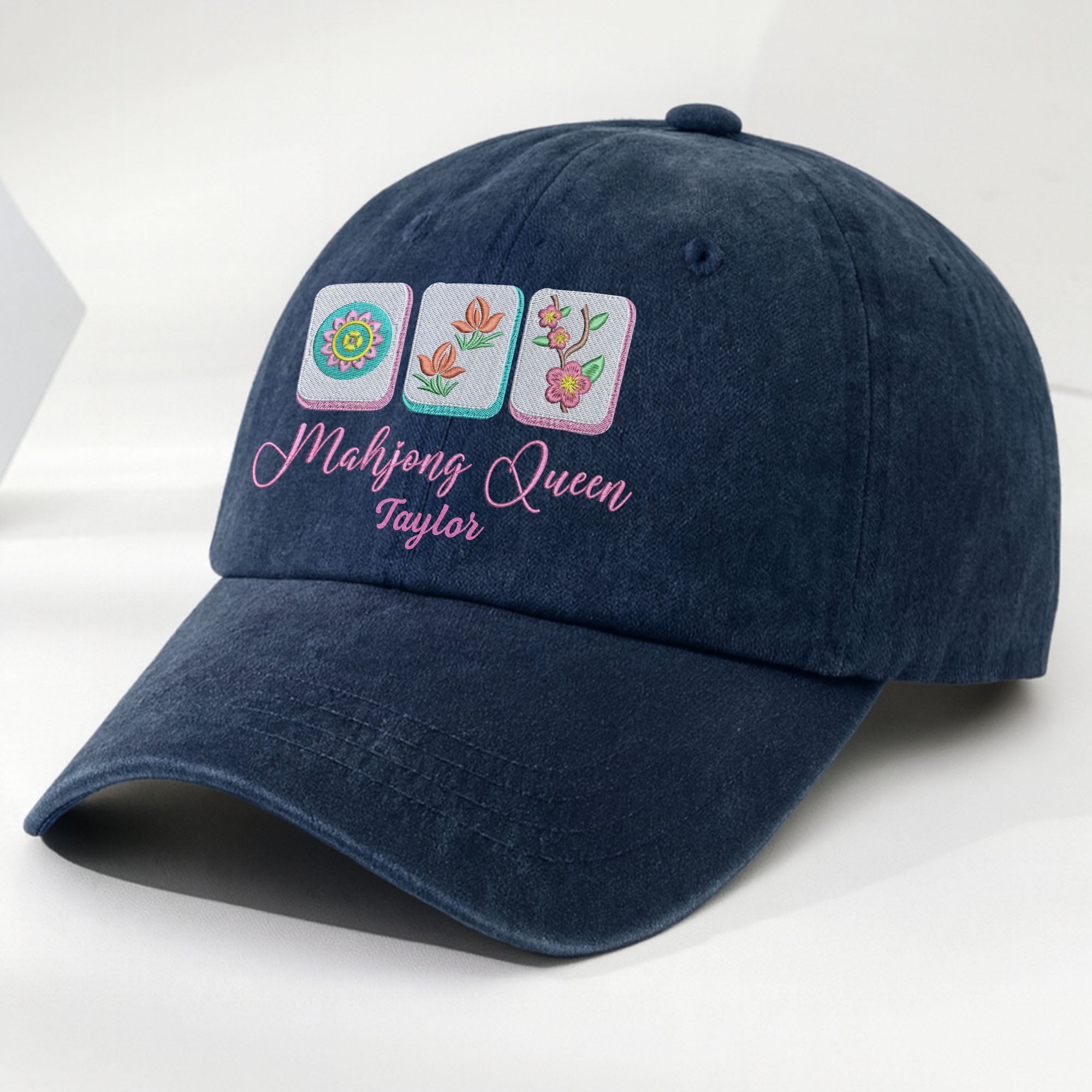 Personalized Floral Mahjong Queen Washed Denim Cap for Her Washed Denim Cap GradoCreations