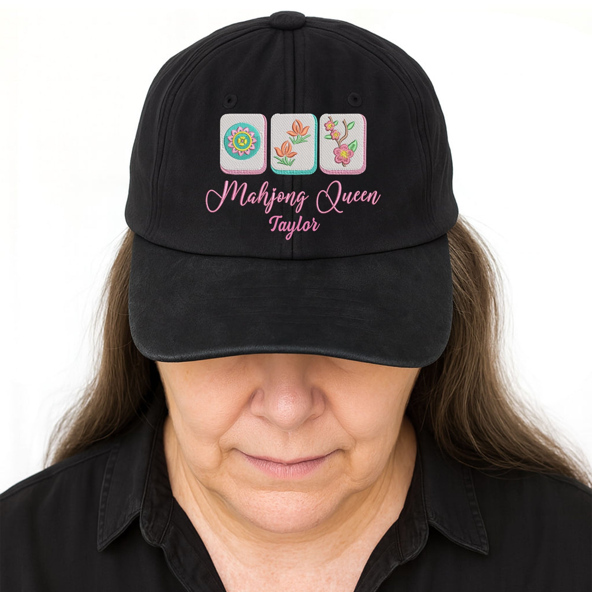 Personalized Floral Mahjong Queen Washed Denim Cap for Her Washed Denim Cap GradoCreations