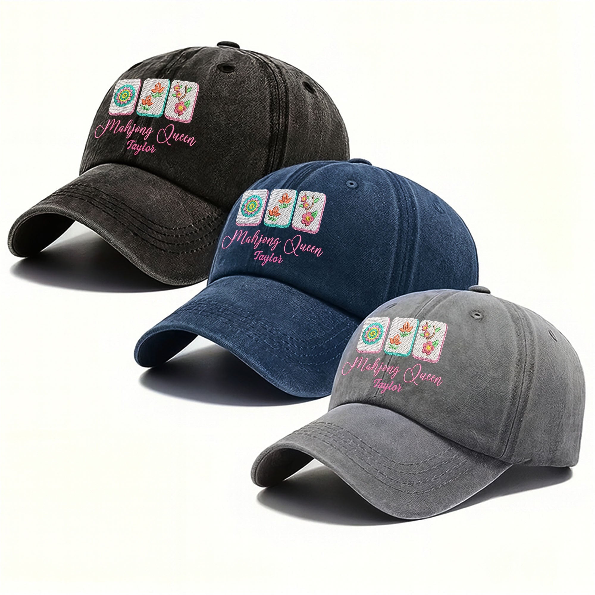 Personalized Floral Mahjong Queen Washed Denim Cap for Her Washed Denim Cap GradoCreations