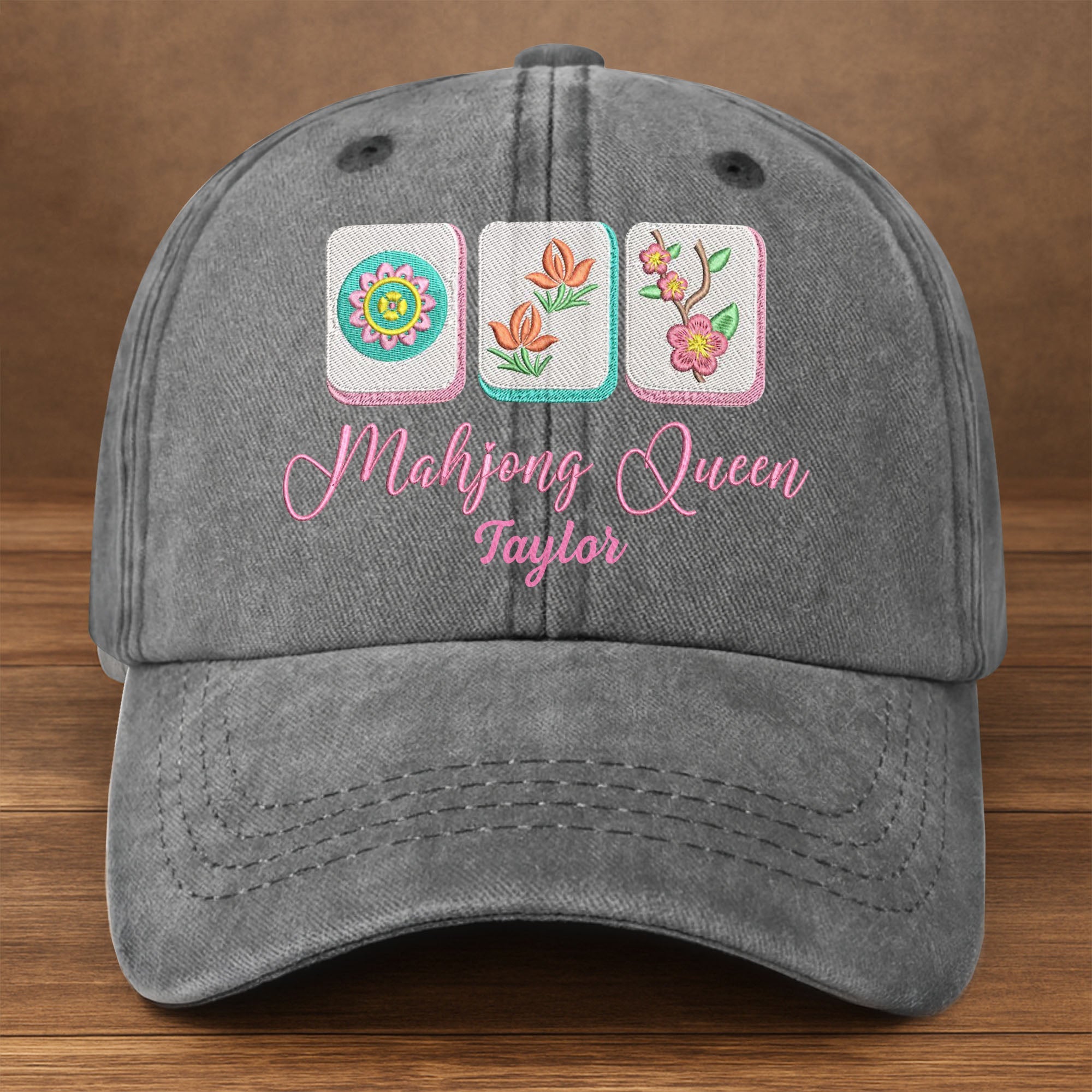 Personalized Floral Mahjong Queen Washed Denim Cap for Her Washed Denim Cap GradoCreations