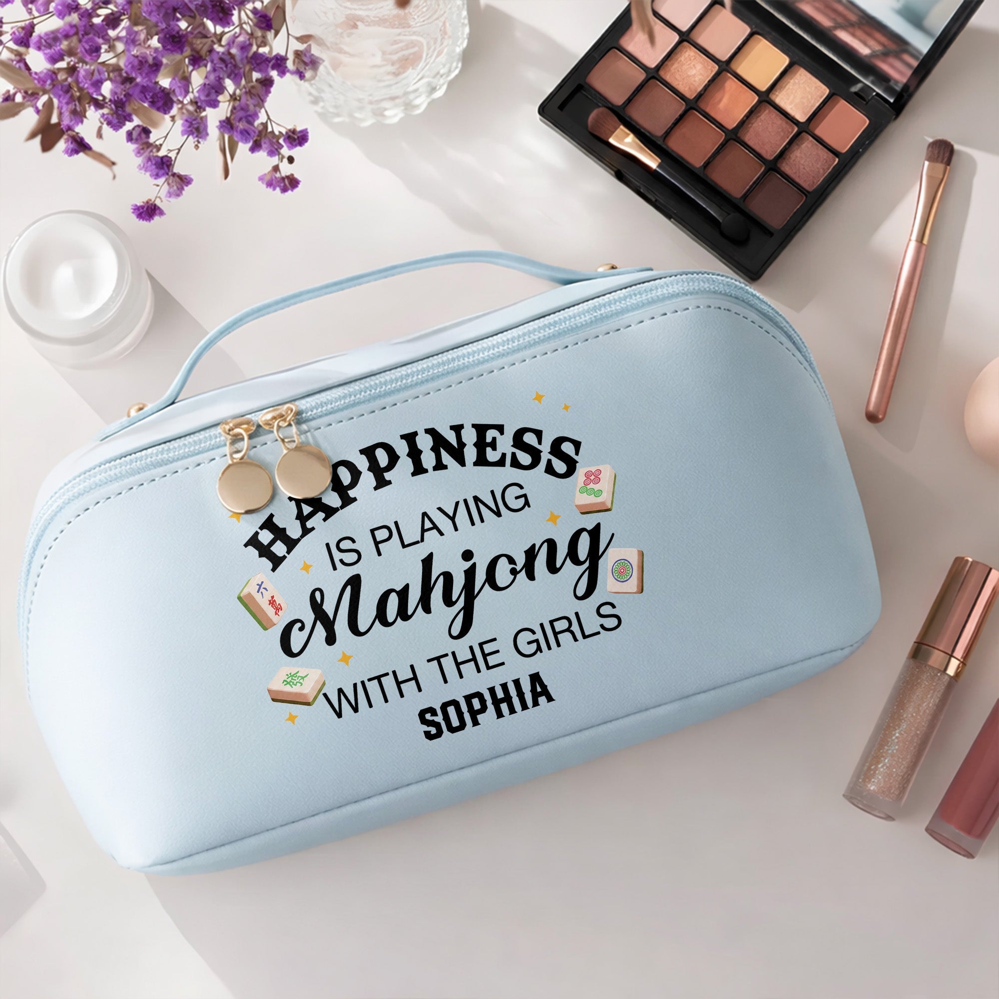 Personalized Faux Leather Makeup Bag Mahjong Gift for Her Leather Makeup Bag GradoCreations