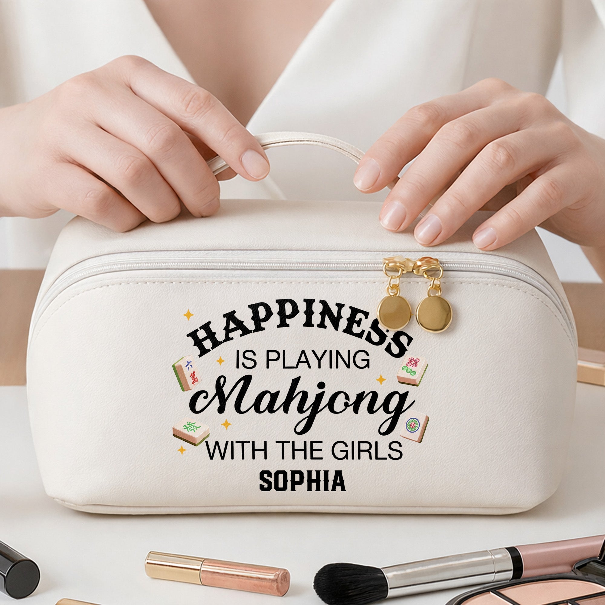 Personalized Faux Leather Makeup Bag Mahjong Gift for Her Leather Makeup Bag GradoCreations