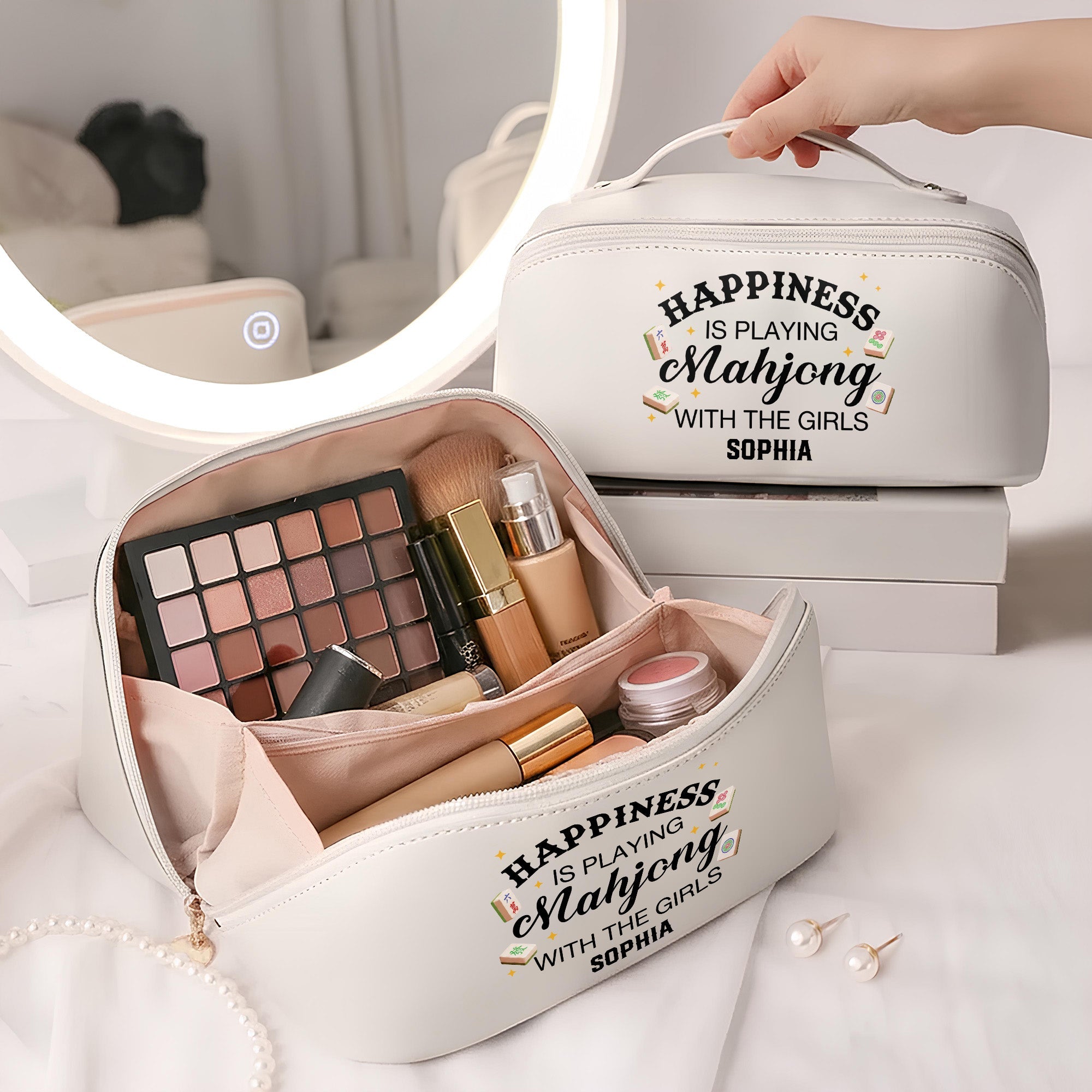 Personalized Faux Leather Makeup Bag Mahjong Gift for Her Leather Makeup Bag GradoCreations