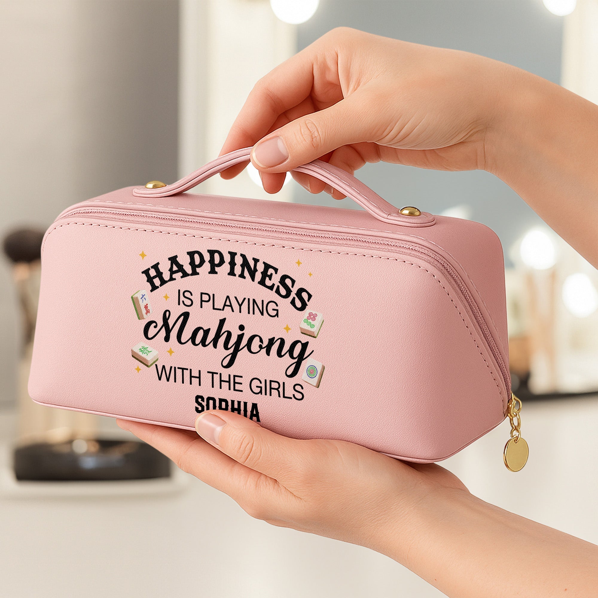 Personalized Faux Leather Makeup Bag Mahjong Gift for Her Leather Makeup Bag GradoCreations