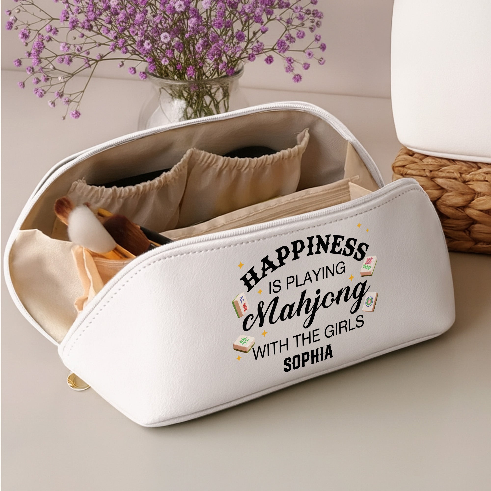Personalized Faux Leather Makeup Bag Mahjong Gift for Her Leather Makeup Bag GradoCreations
