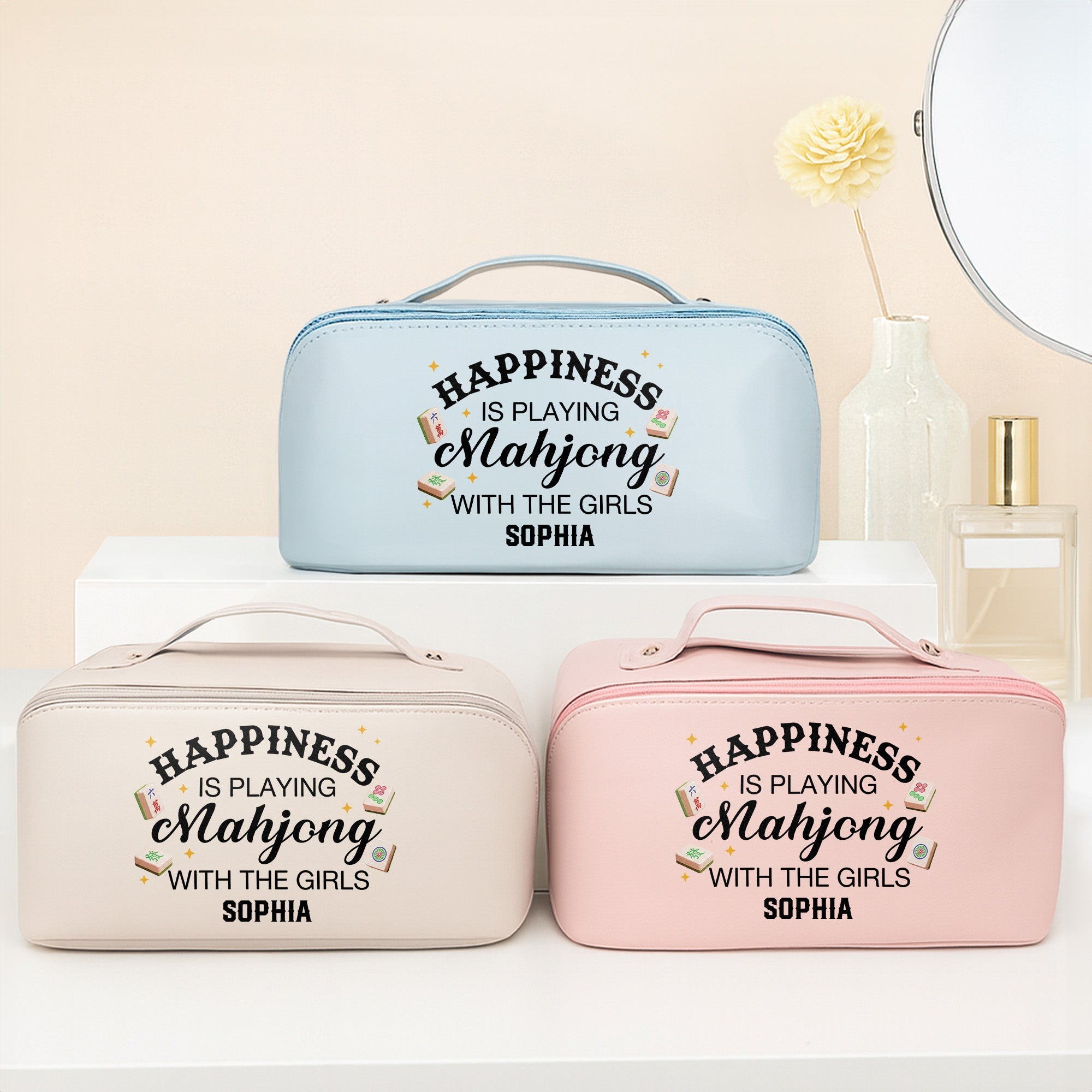 Personalized Faux Leather Makeup Bag Mahjong Gift for Her Leather Makeup Bag GradoCreations