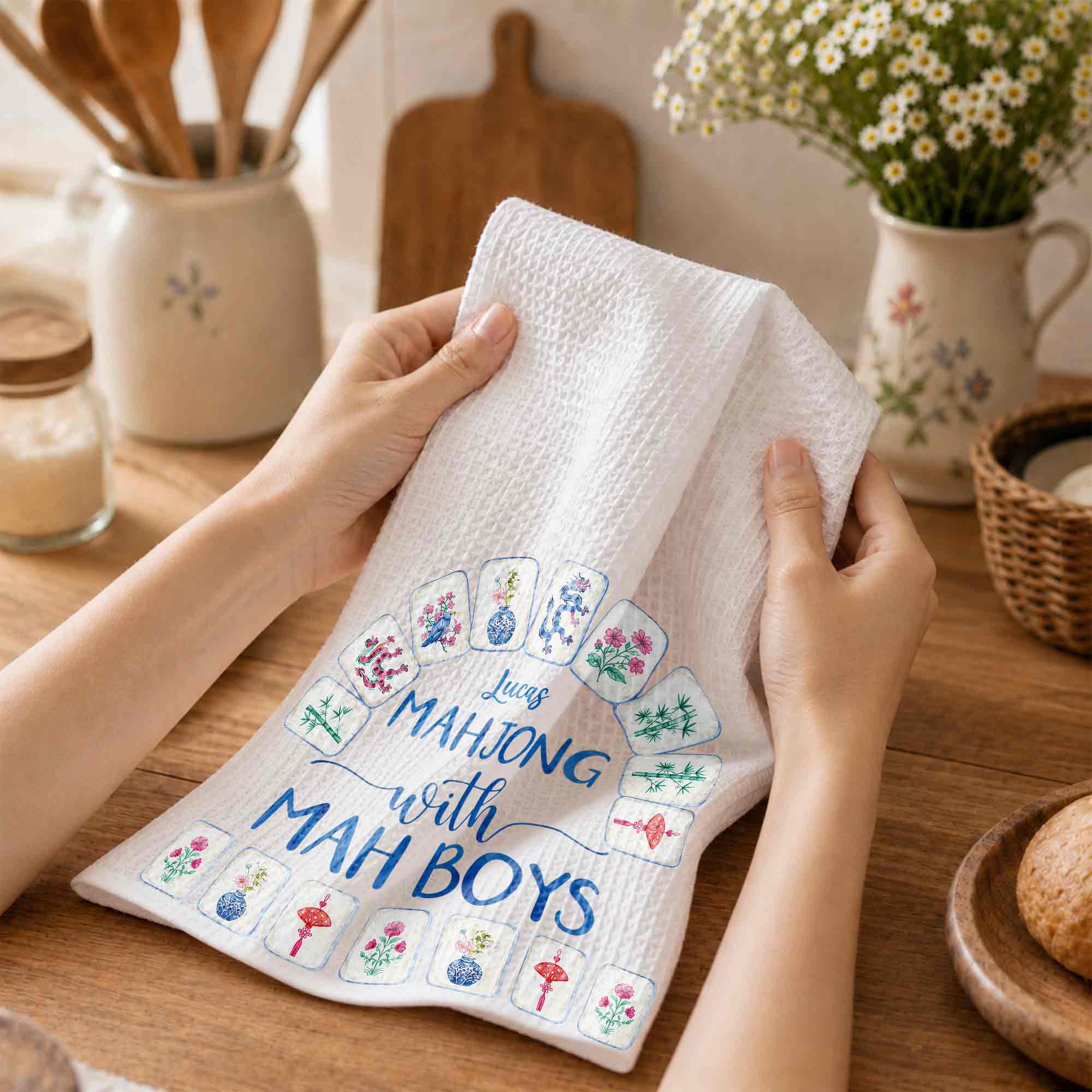 Personalized Mahjong Kitchen Towel Custom Name Gift for Him Kitchen Towel GradoCreations