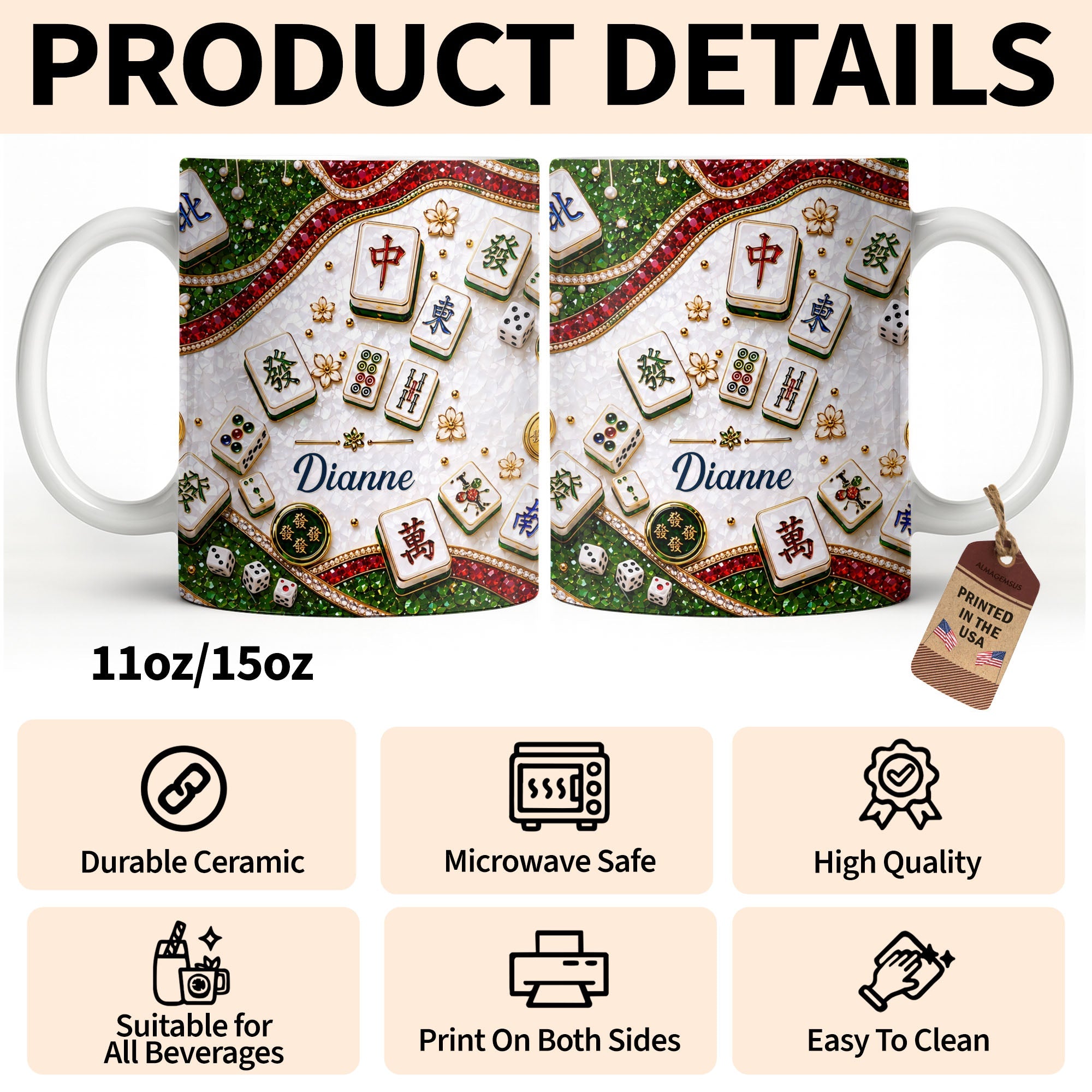 Personalized Mahjong Tiles Coffee Mug Custom Gift for Gamers Edge-to-edge Mug GradoCreations