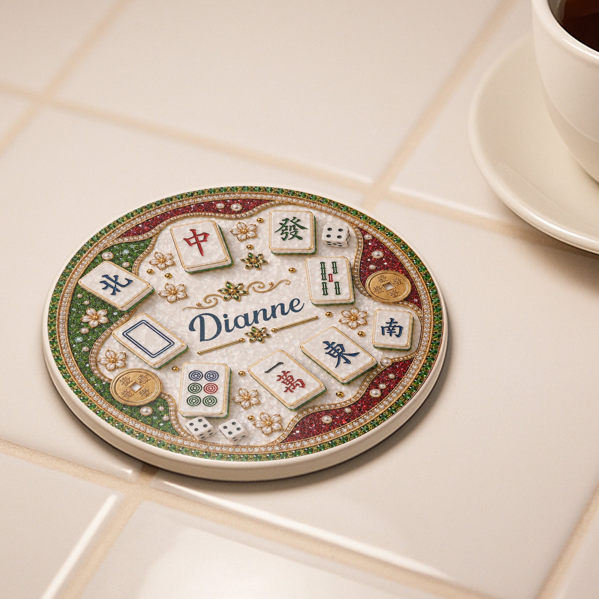 Personalized Mahjong Tiles Coaster Custom Name Gift for Mom Ceramic Coaster GradoCreations