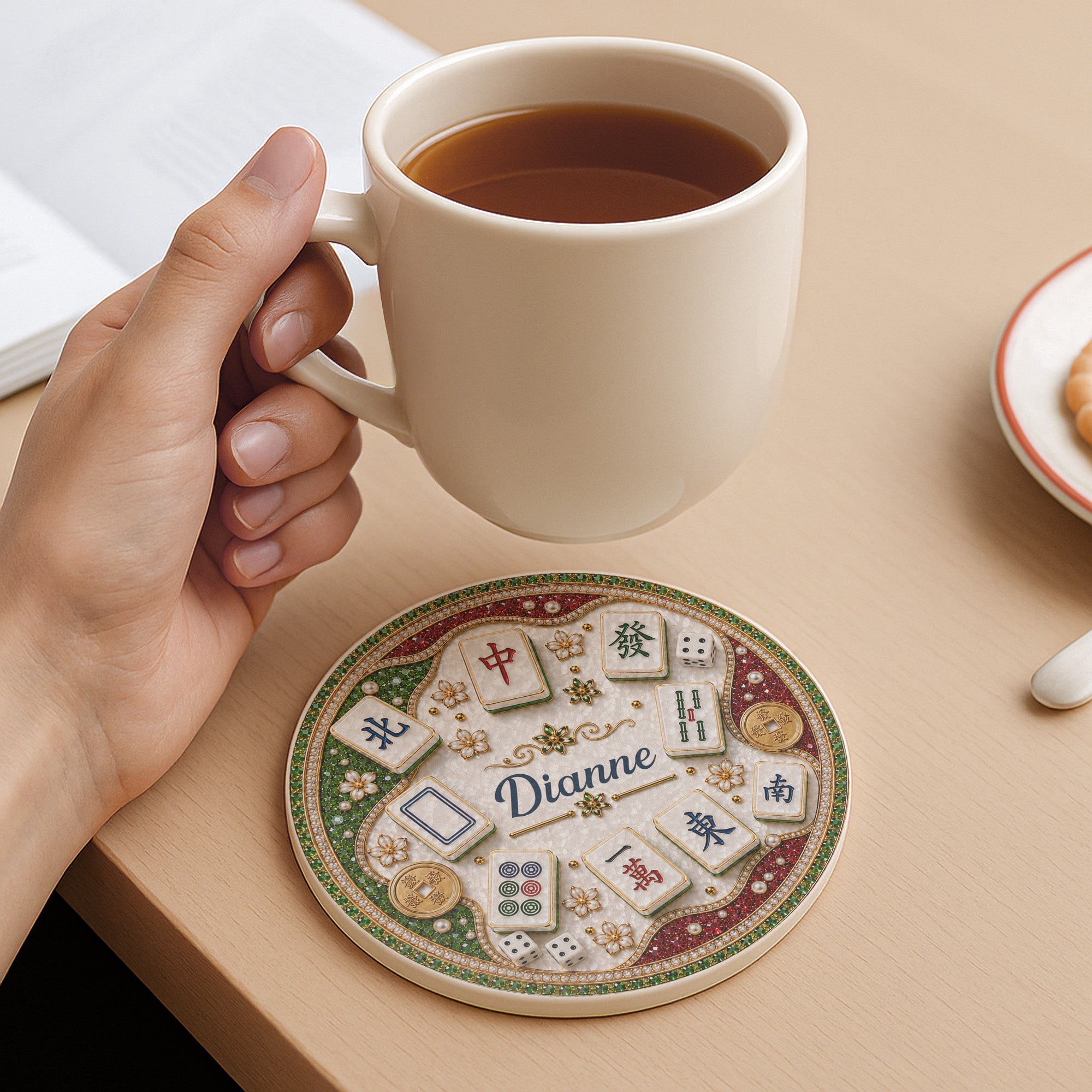 Personalized Mahjong Tiles Coaster Custom Name Gift for Mom Ceramic Coaster GradoCreations