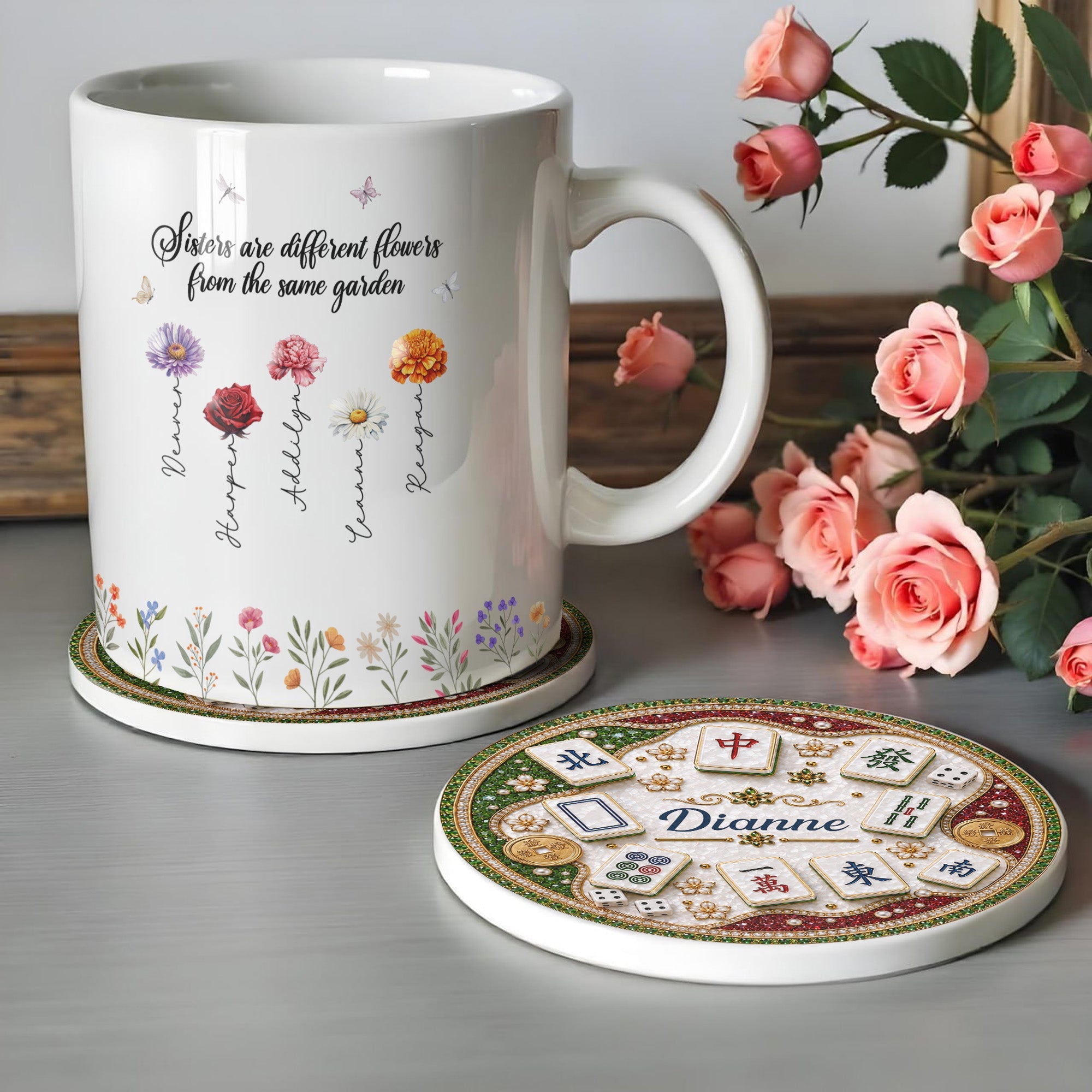 Personalized Mahjong Tiles Coaster Custom Name Gift for Mom Ceramic Coaster GradoCreations