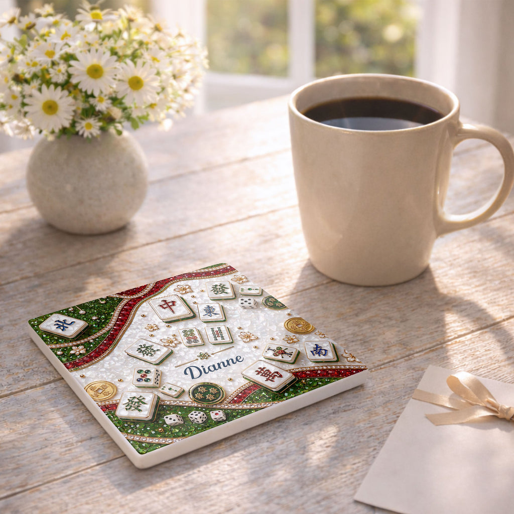 Personalized Mahjong Coaster Custom Name Square Ceramic Gift Square Ceramic Coaster GradoCreations