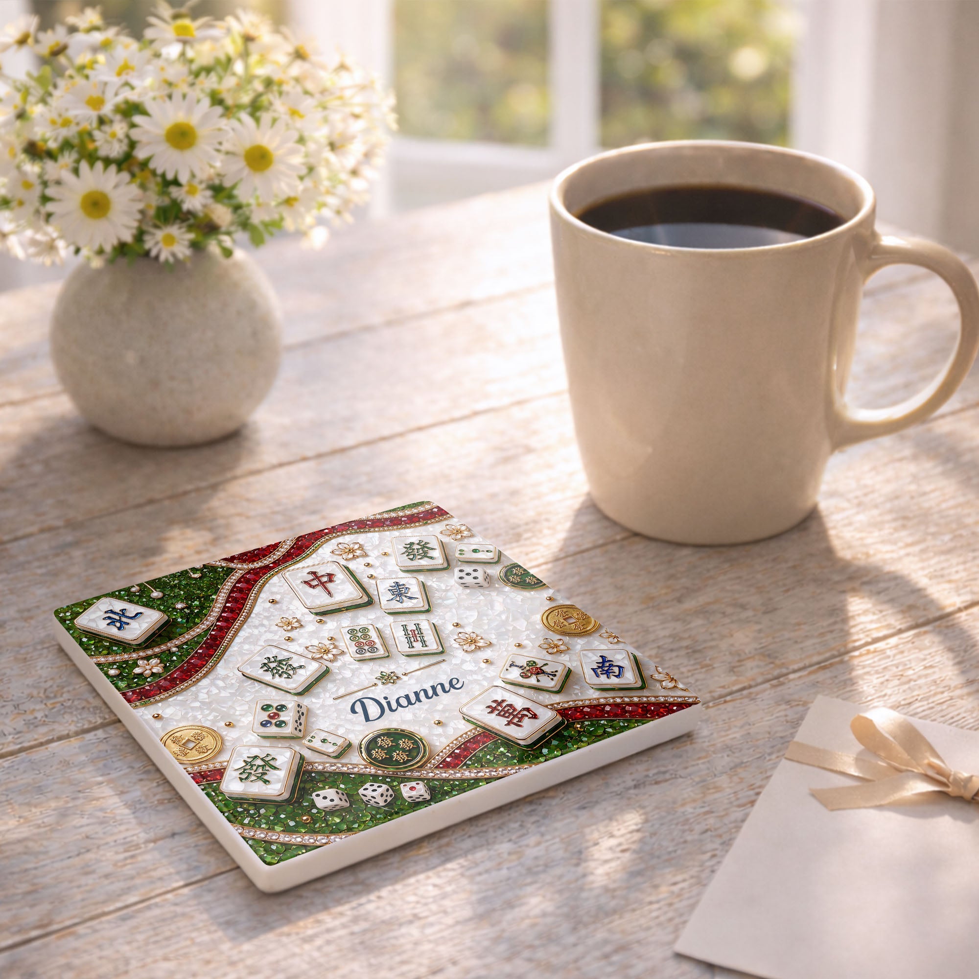 Personalized Mahjong Coaster Custom Name Square Ceramic Gift Square Ceramic Coaster GradoCreations