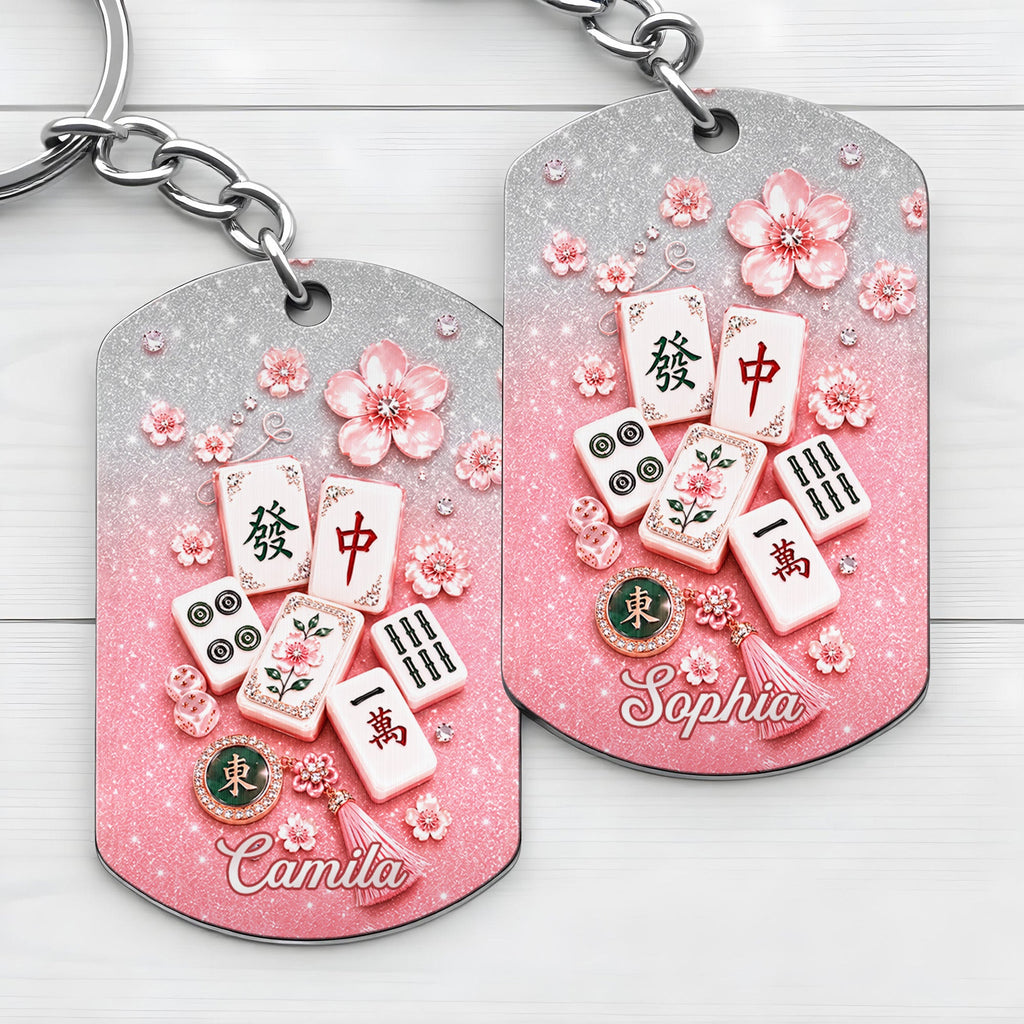 Personalized Cherry Blossom Mahjong Keychain Custom Engraving Gift