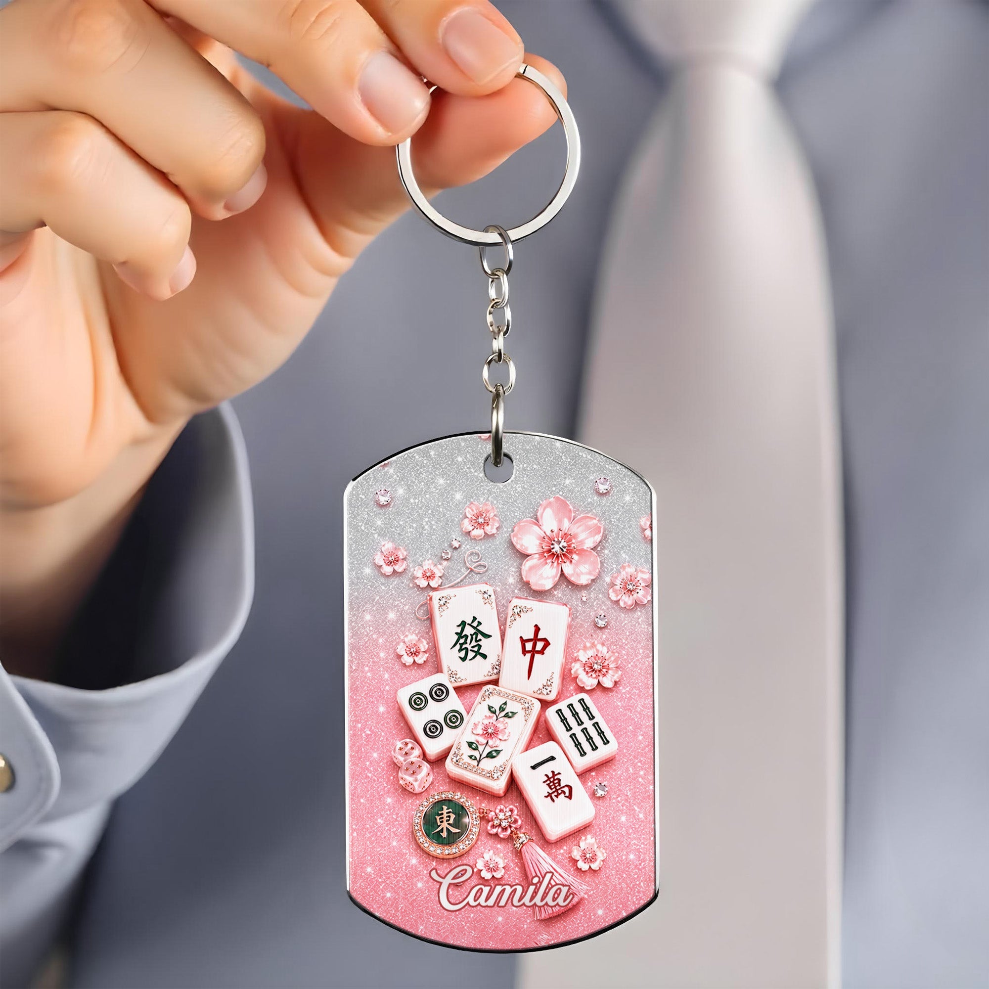 Personalized Cherry Blossom Mahjong Keychain Custom Engraving Gift