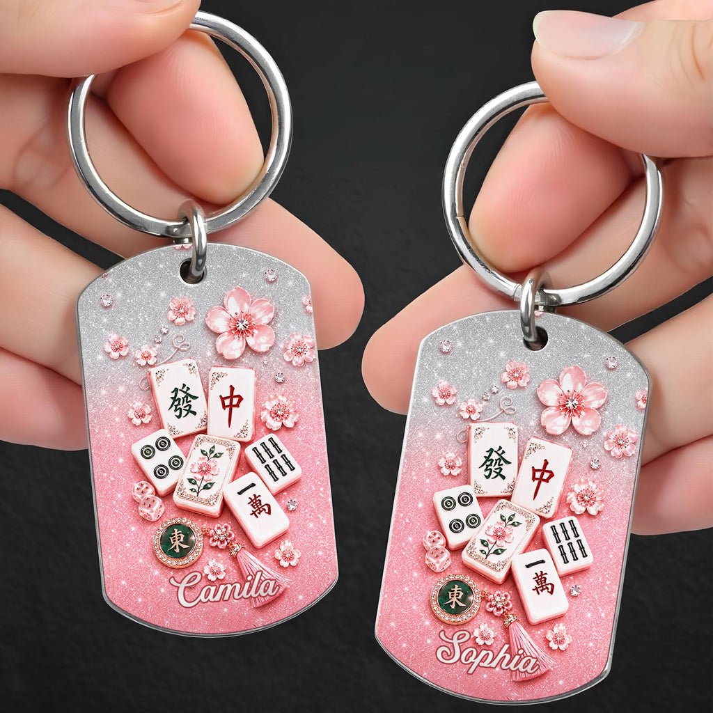 Personalized Cherry Blossom Mahjong Keychain Custom Engraving Gift