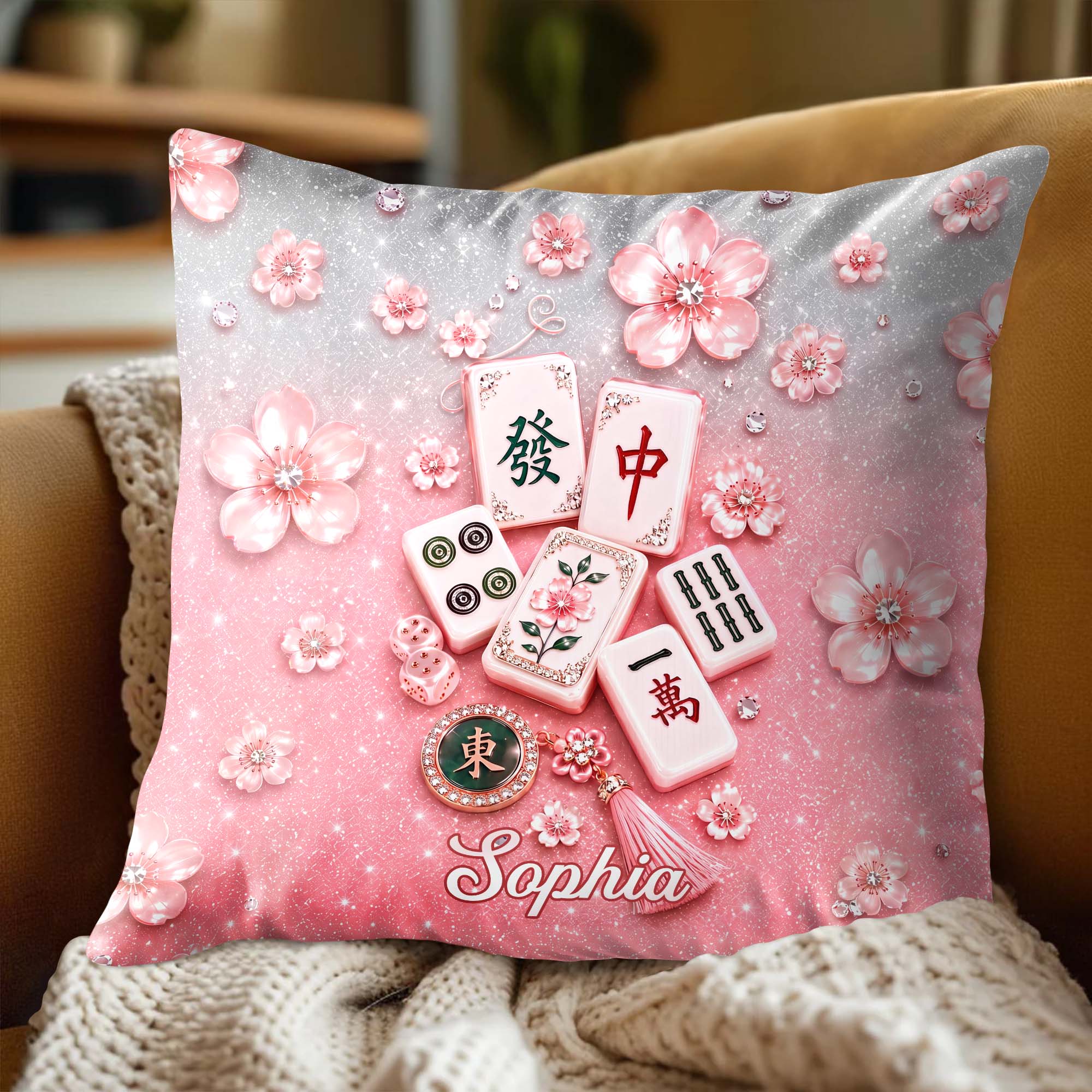 Personalized Cherry Blossom Mahjong Tile Pillow Custom Gift