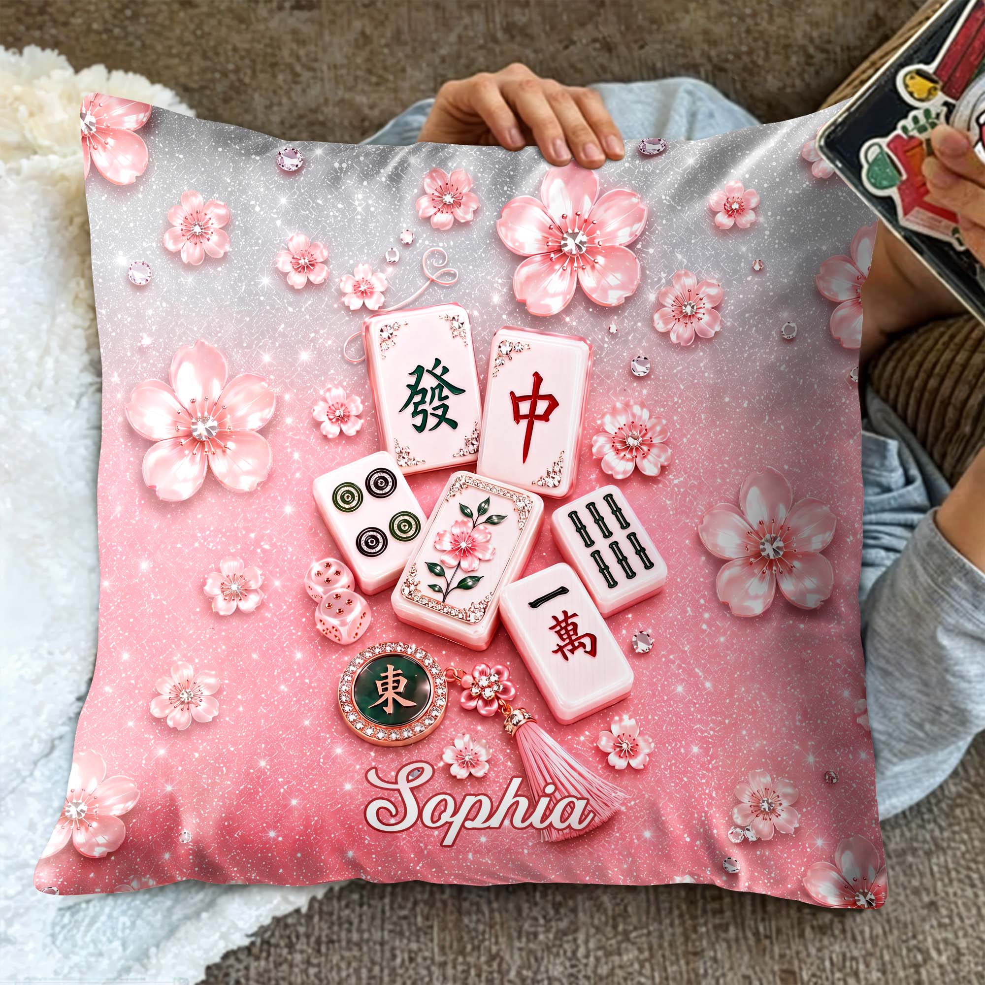 Personalized Cherry Blossom Mahjong Tile Pillow Custom Gift
