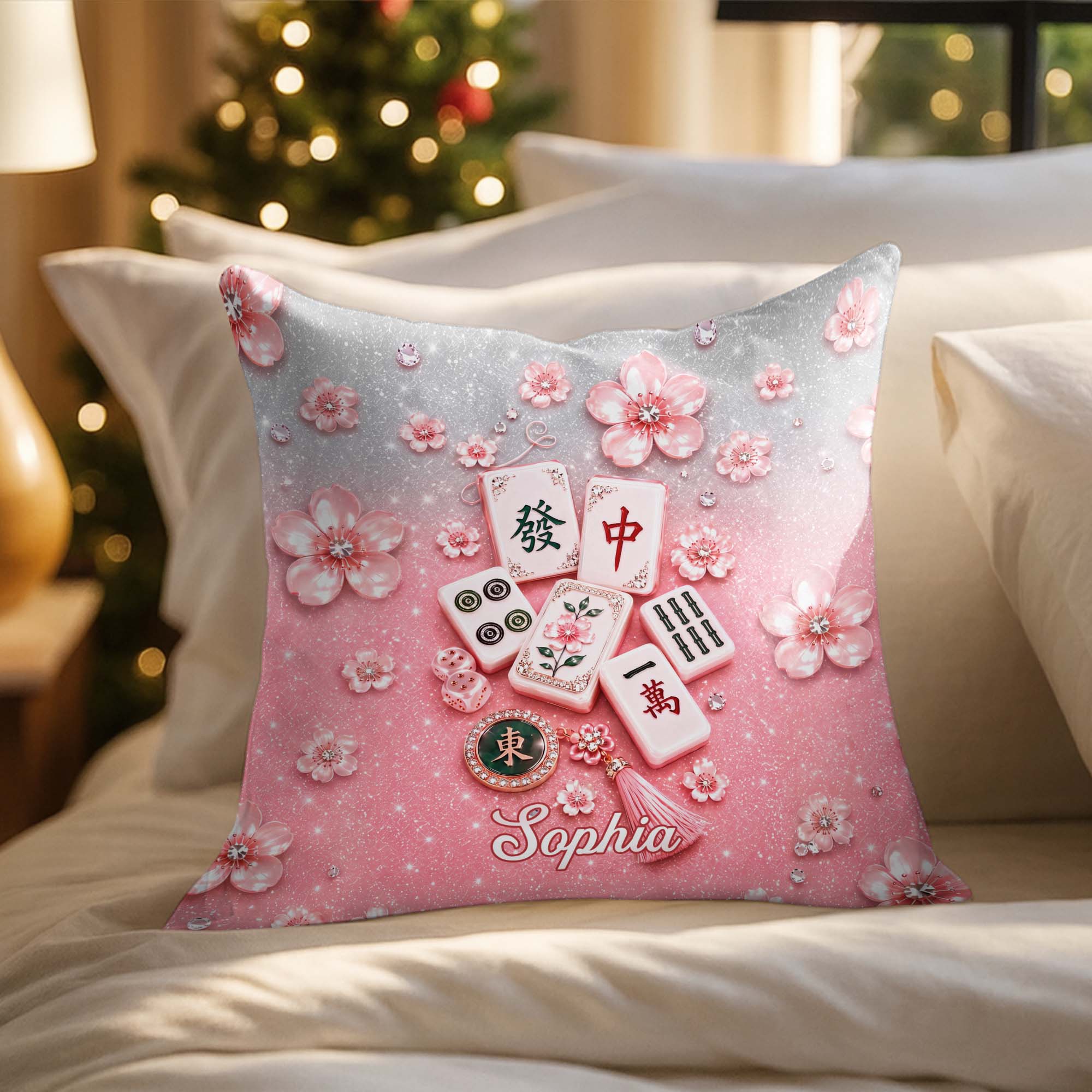 Personalized Cherry Blossom Mahjong Tile Pillow Custom Gift