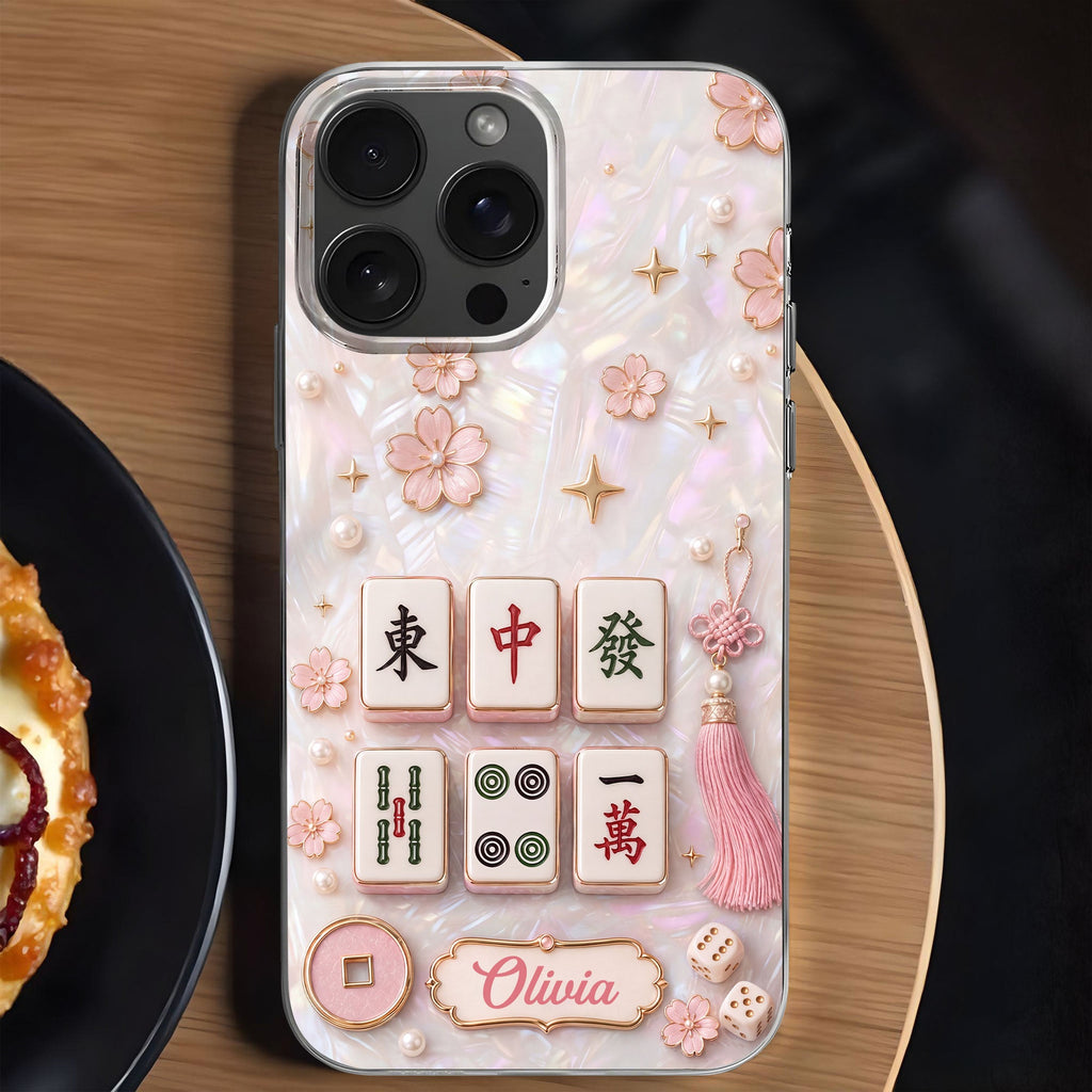 Personalized Clear Phone Case with Cherry Blossoms for Mahjong Lovers Clear Phone Case GradoCreations