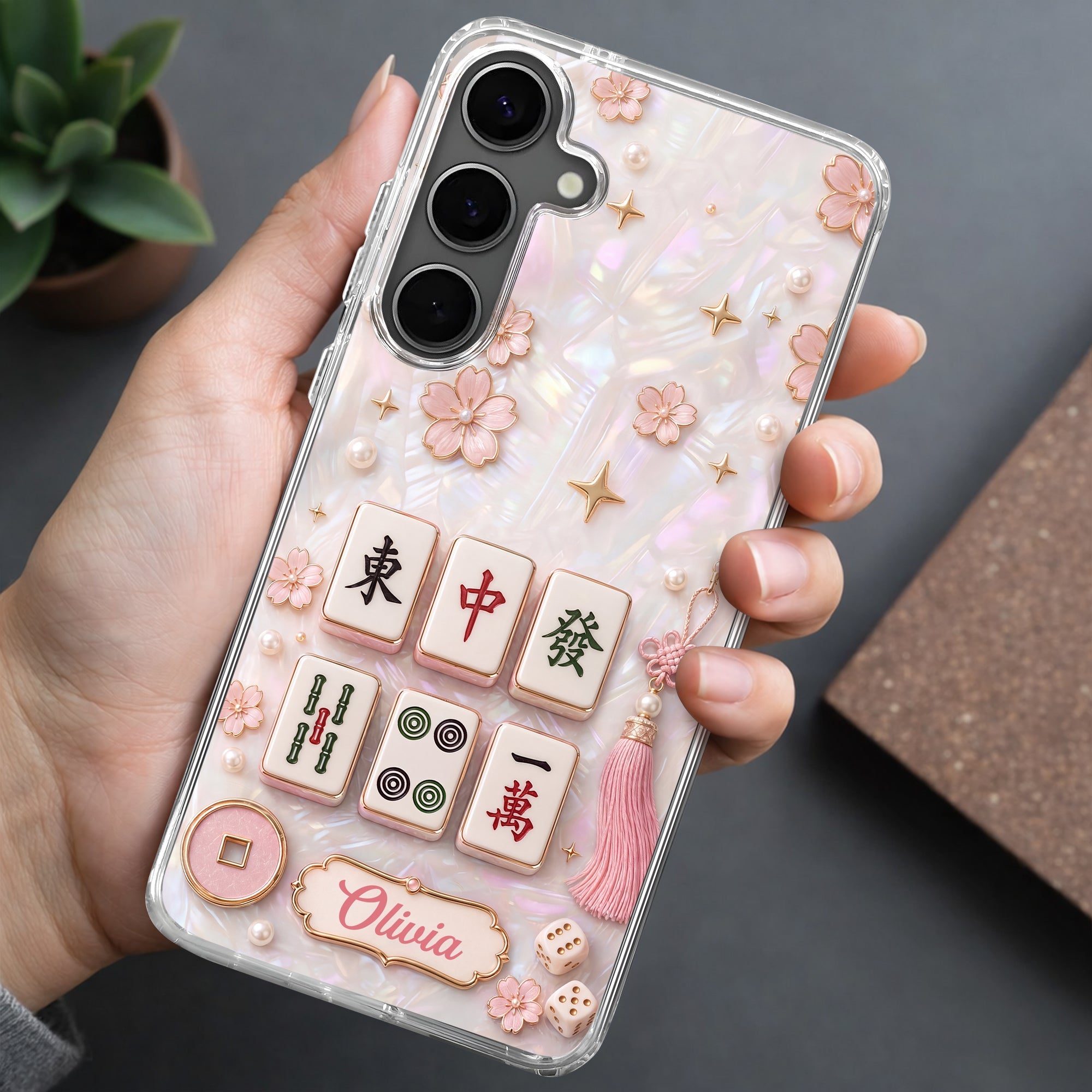 Personalized Clear Phone Case with Cherry Blossoms for Mahjong Lovers Clear Phone Case GradoCreations