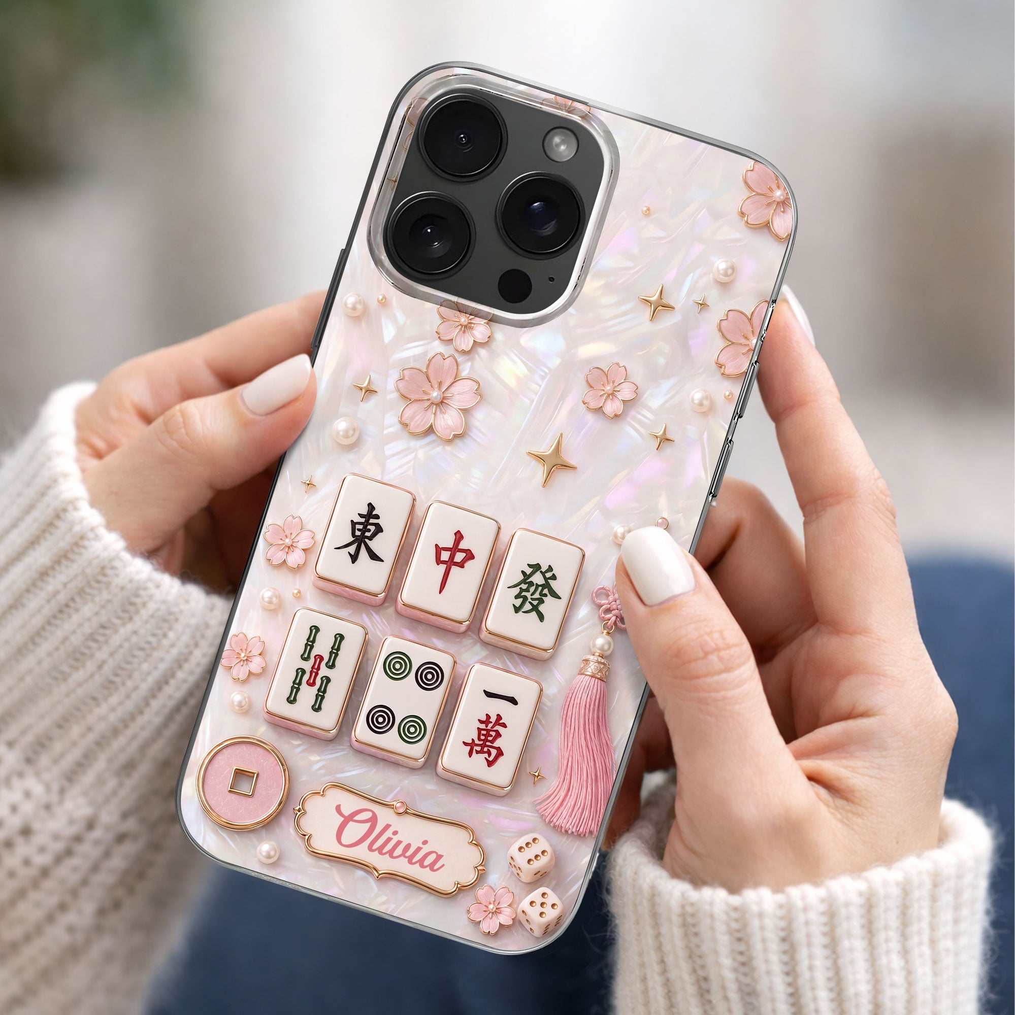 Personalized Clear Phone Case with Cherry Blossoms for Mahjong Lovers Clear Phone Case GradoCreations