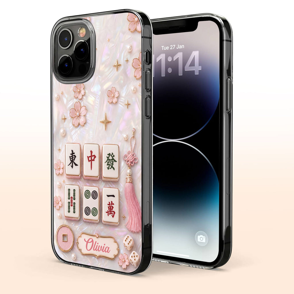 Personalized Clear Phone Case with Cherry Blossoms for Mahjong Lovers Clear Phone Case GradoCreations