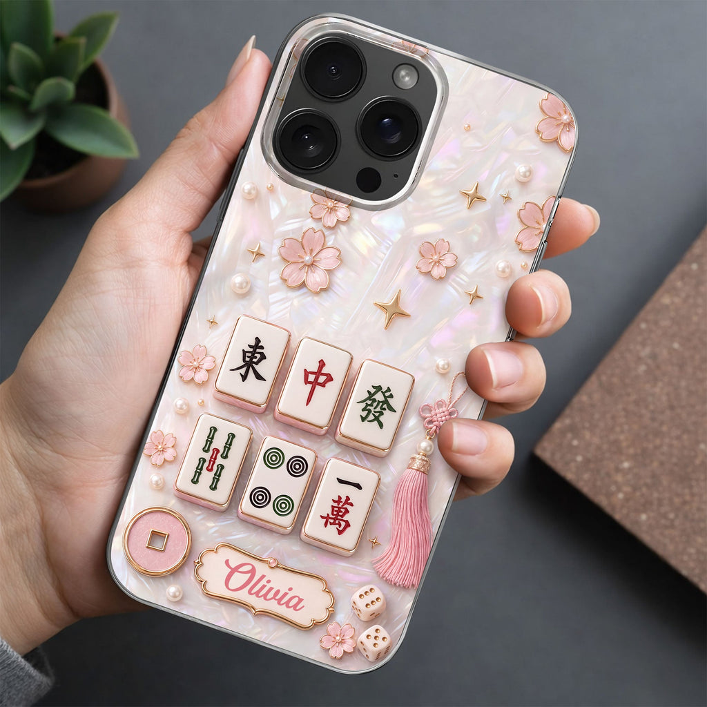 Personalized Clear Phone Case with Cherry Blossoms for Mahjong Lovers Clear Phone Case GradoCreations