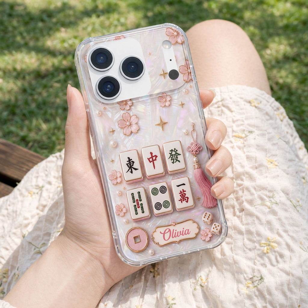 Personalized Clear Phone Case with Cherry Blossoms for Mahjong Lovers Clear Phone Case GradoCreations