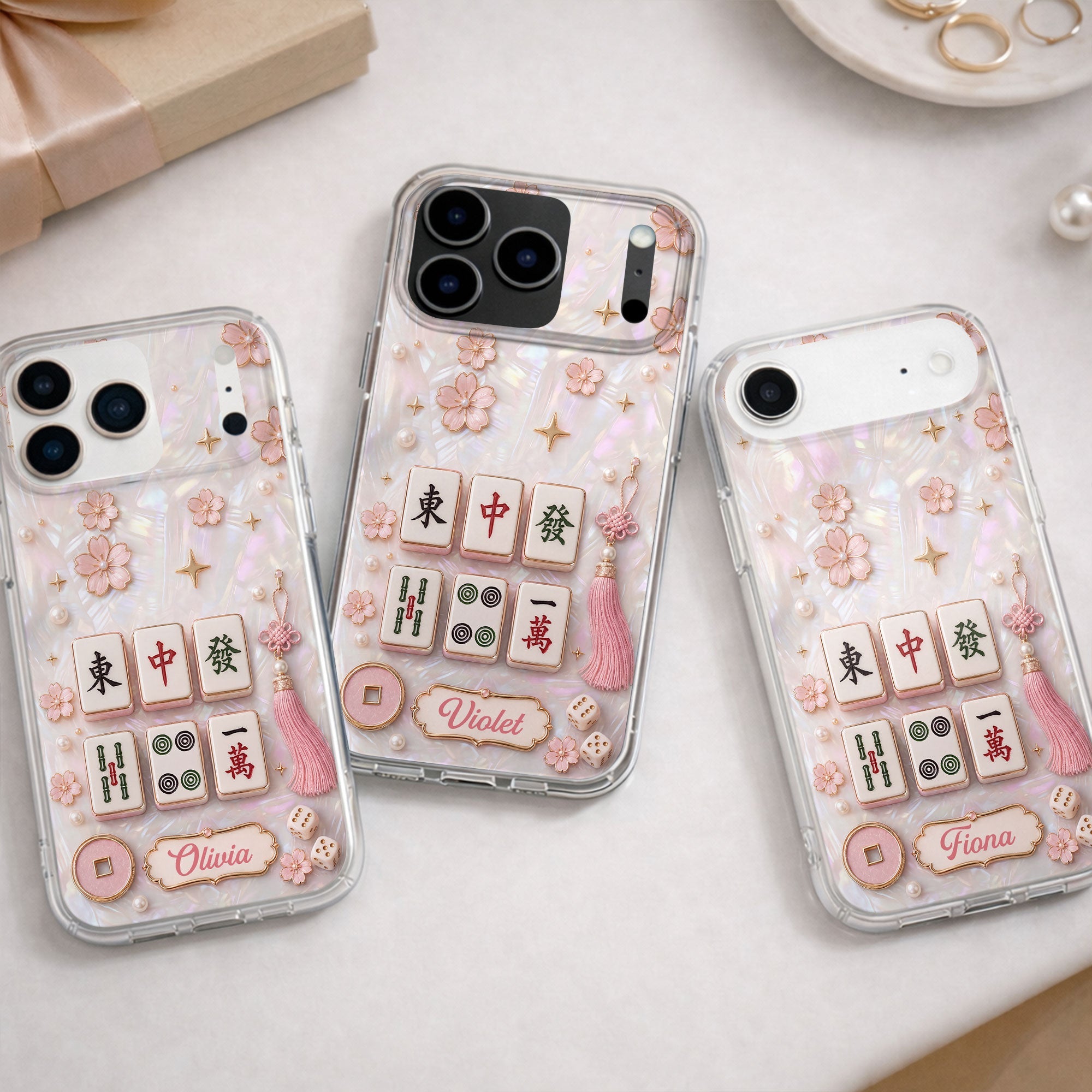 Personalized Clear Phone Case with Cherry Blossoms for Mahjong Lovers Clear Phone Case GradoCreations