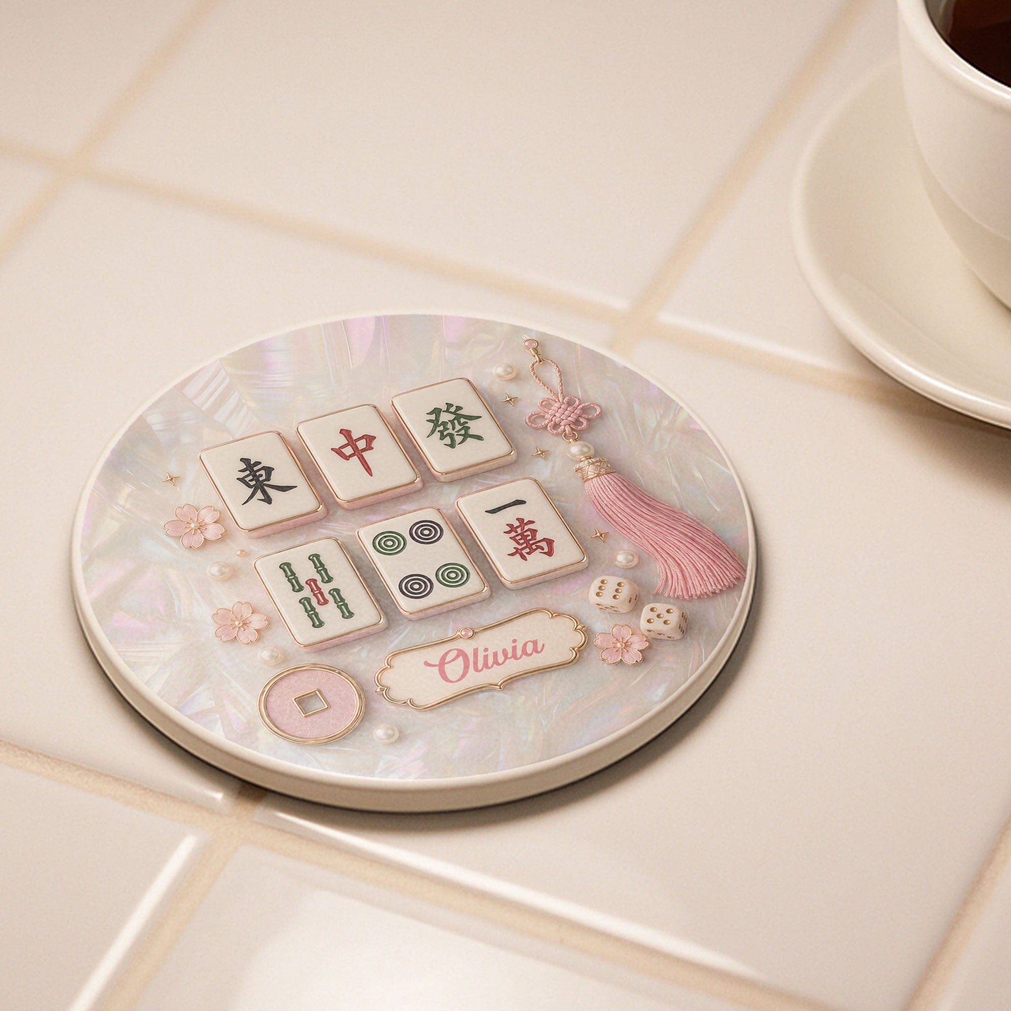 Personalized Mahjong Mother of Pearl Coaster Custom Name Gift Ceramic Coaster GradoCreations